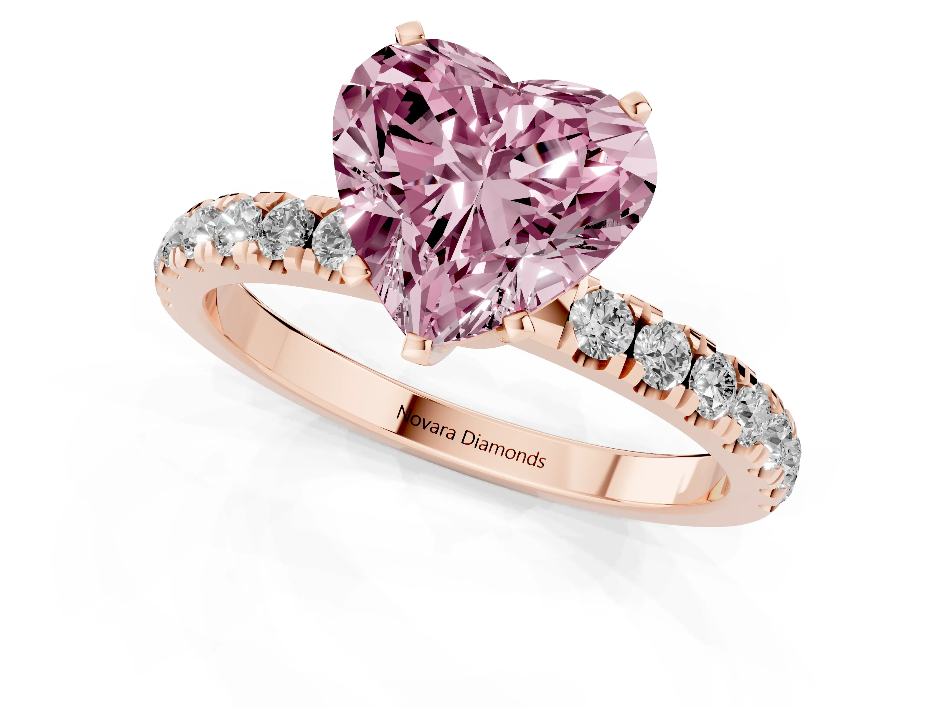 Fancy Pink Heart Cut Diamond Solitaire Ring Set in Rose gold with Pavé Accents and Prong Setting