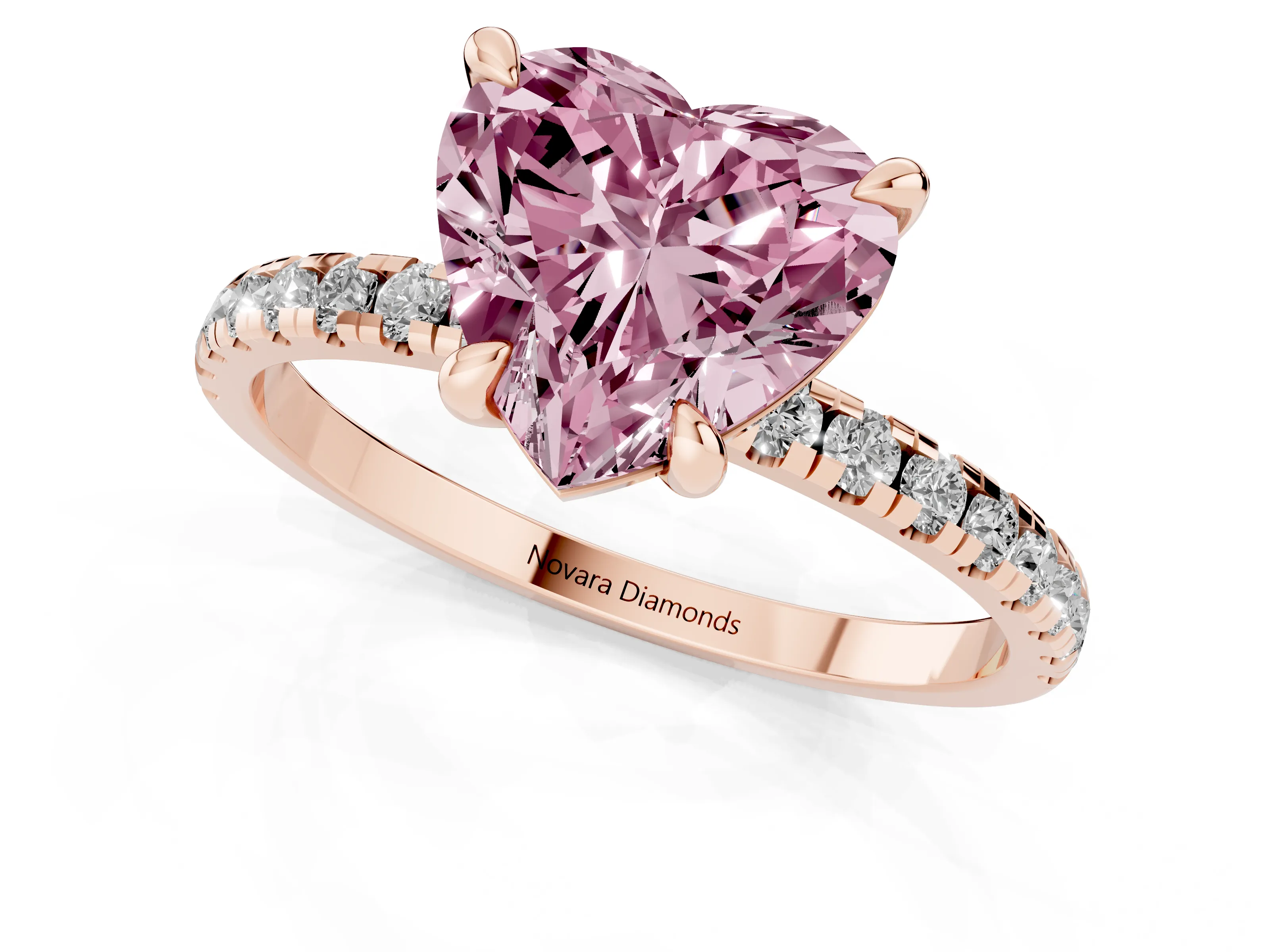 Fancy Pink Heart Cut Diamond Brilliant Solitaire Ring Set in Rose gold with Pavé Band and Prong Setting