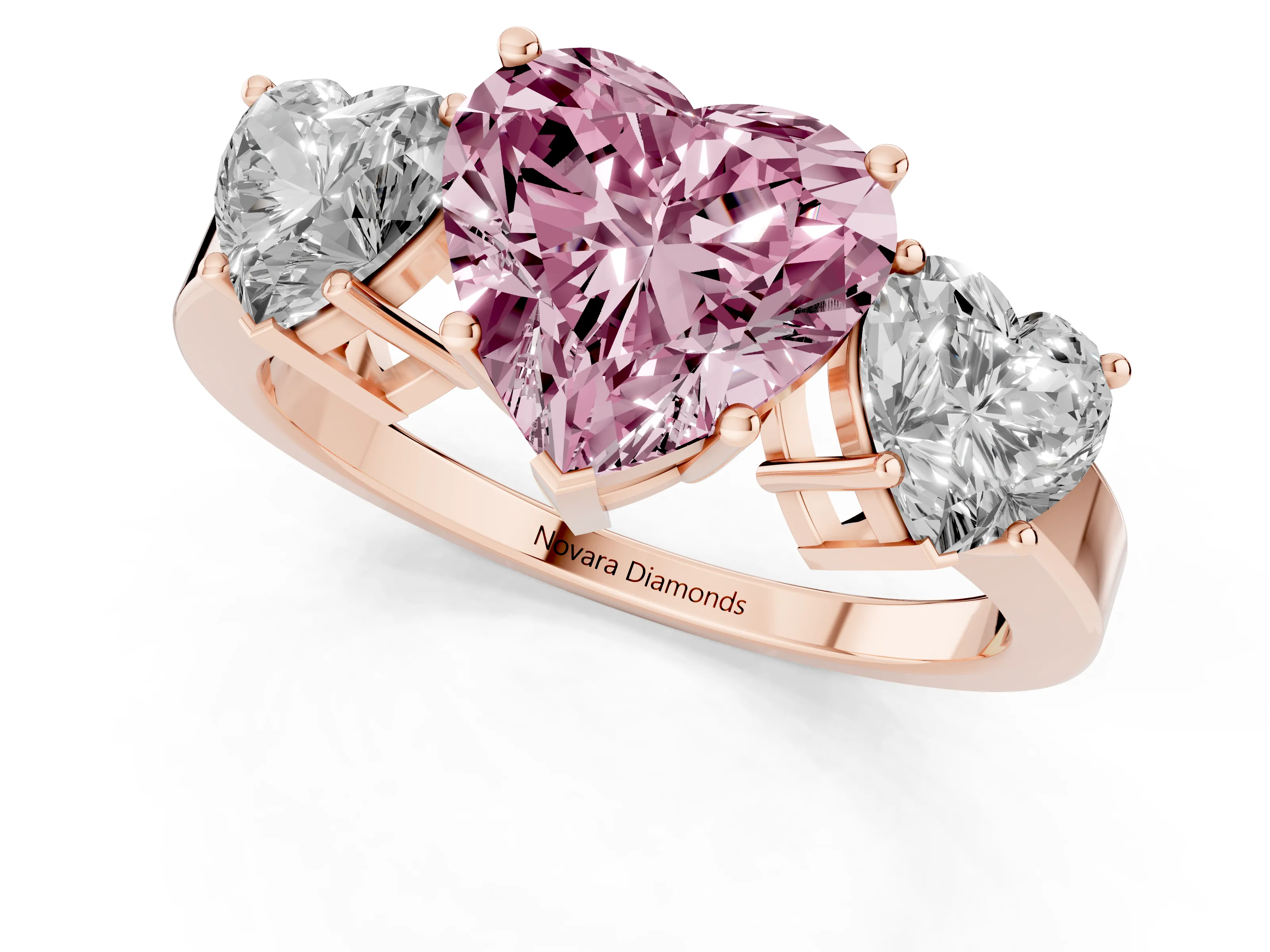 Fancy Pink Heart Cut Diamond Three-Stone Engagement Ring Set in Rose gold with Flat Band