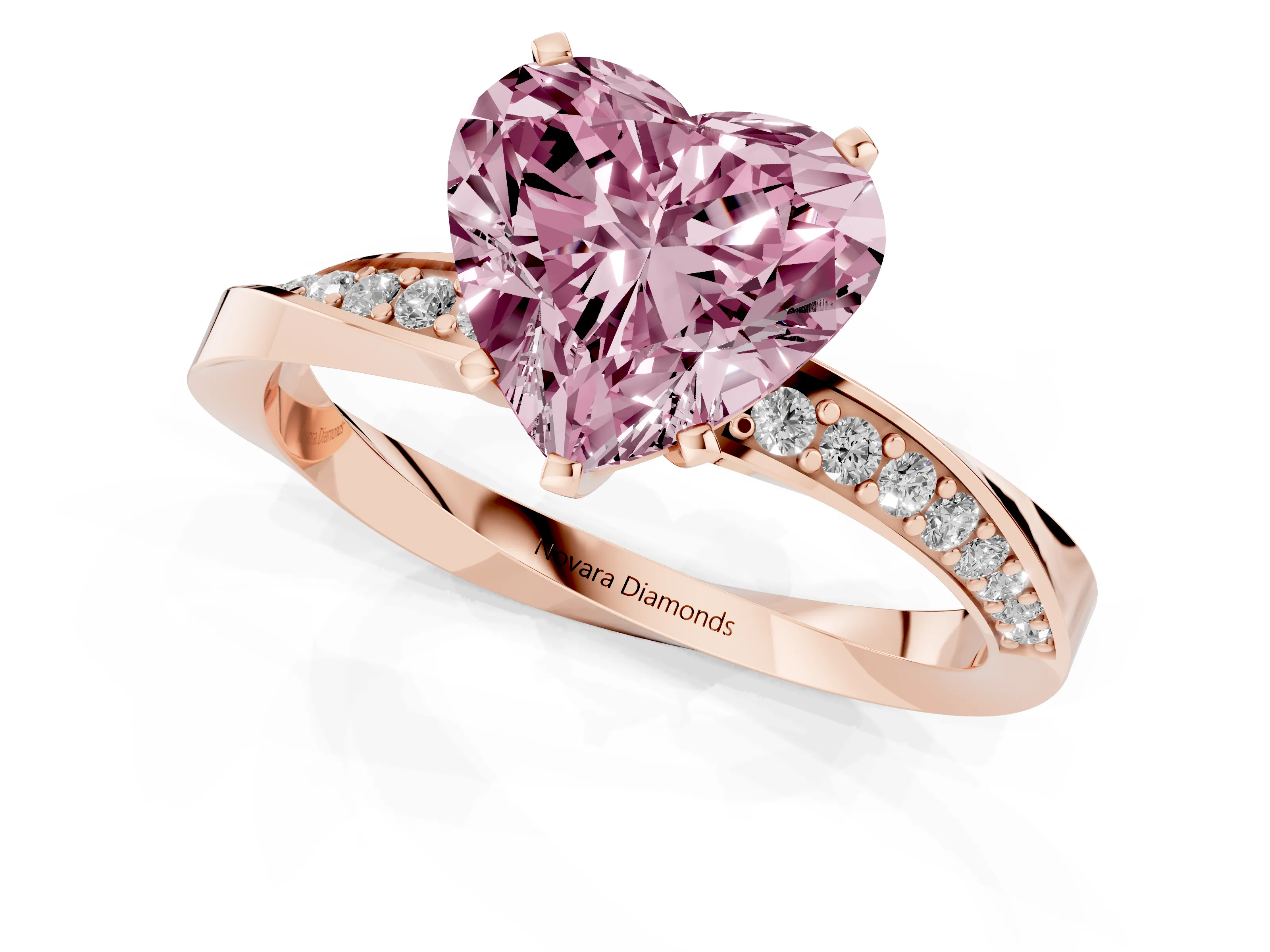 Fancy Pink Heart Cut Diamond Engagement Ring Set in Rose gold with Side Stone Accents and Prong Setting
