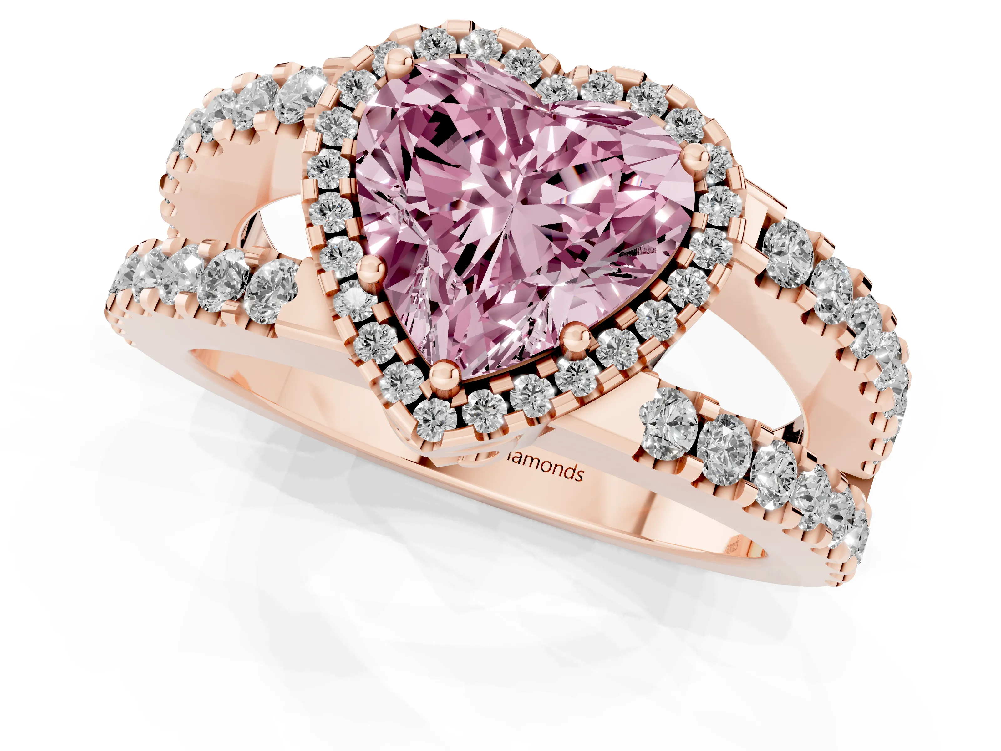 Fancy Pink Heart Cut Diamond Halo Ring Set in Rose gold with Pavé Split Shank and Prong Setting