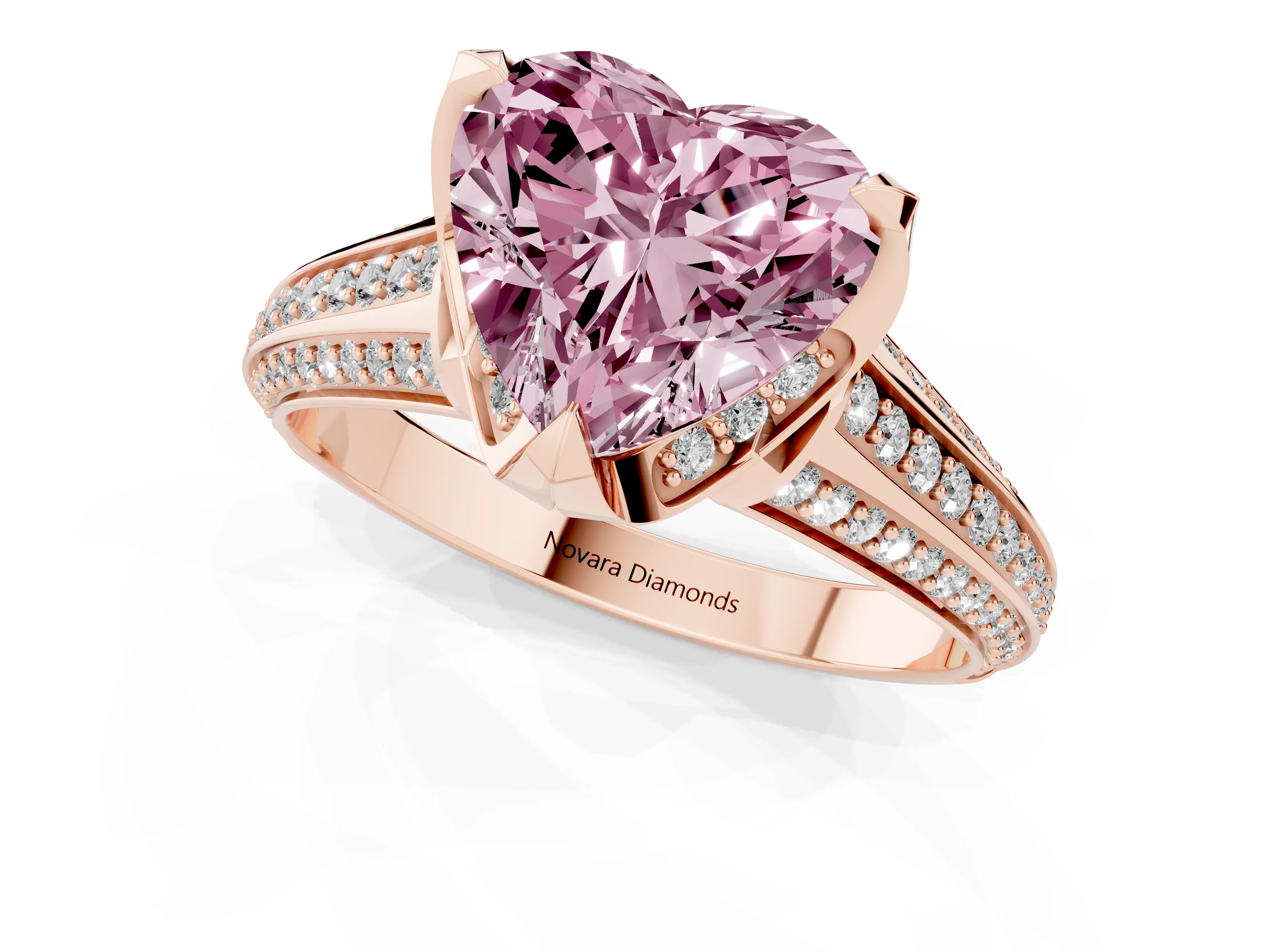 Fancy Pink Heart Cut Diamond Pavé Split Shank Solitaire Ring Set in Rose gold with Prong Setting