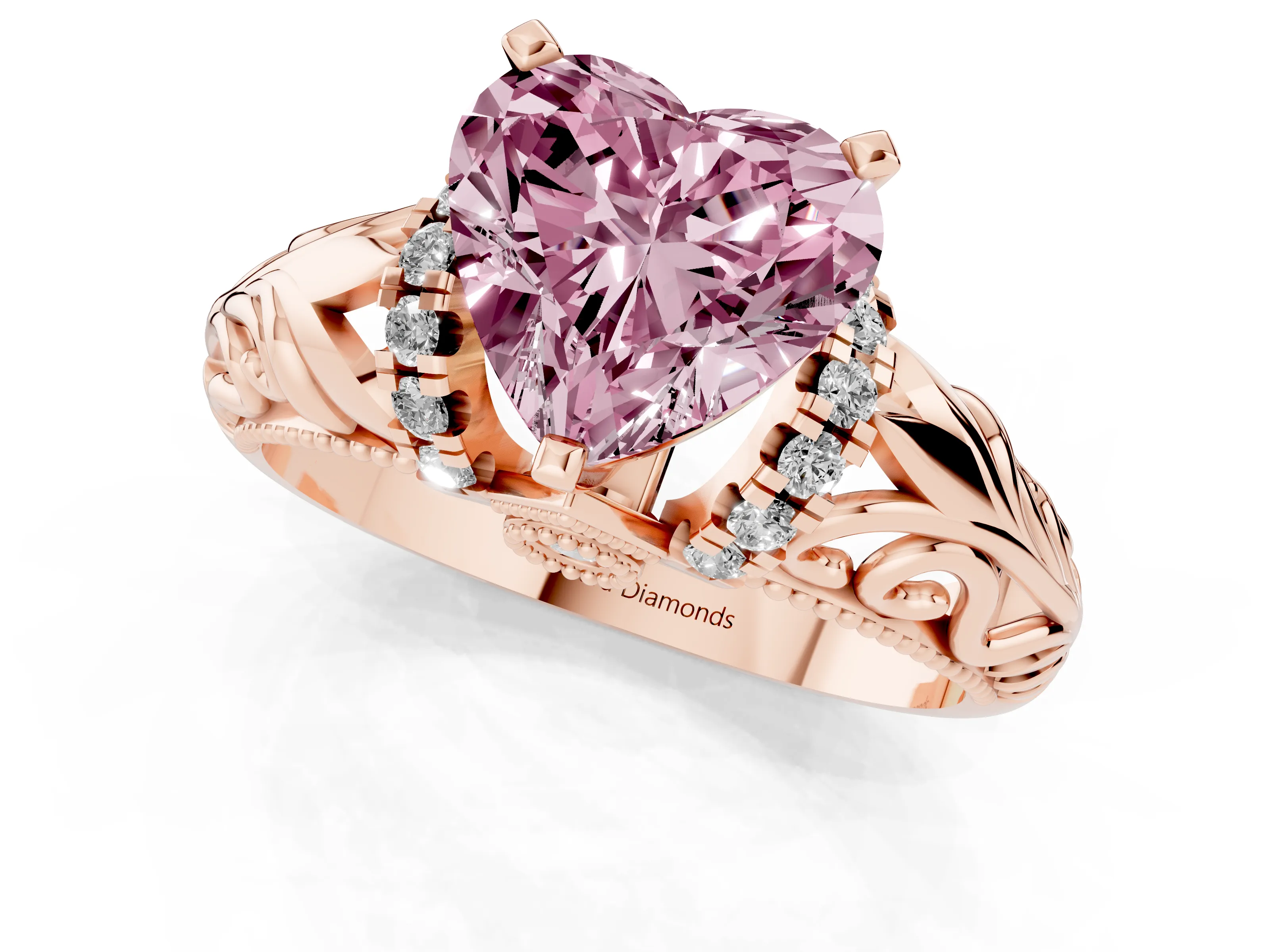Fancy Pink Heart Cut Diamond Filigree Halo Engagement Ring Set in Rose gold with Prong Setting