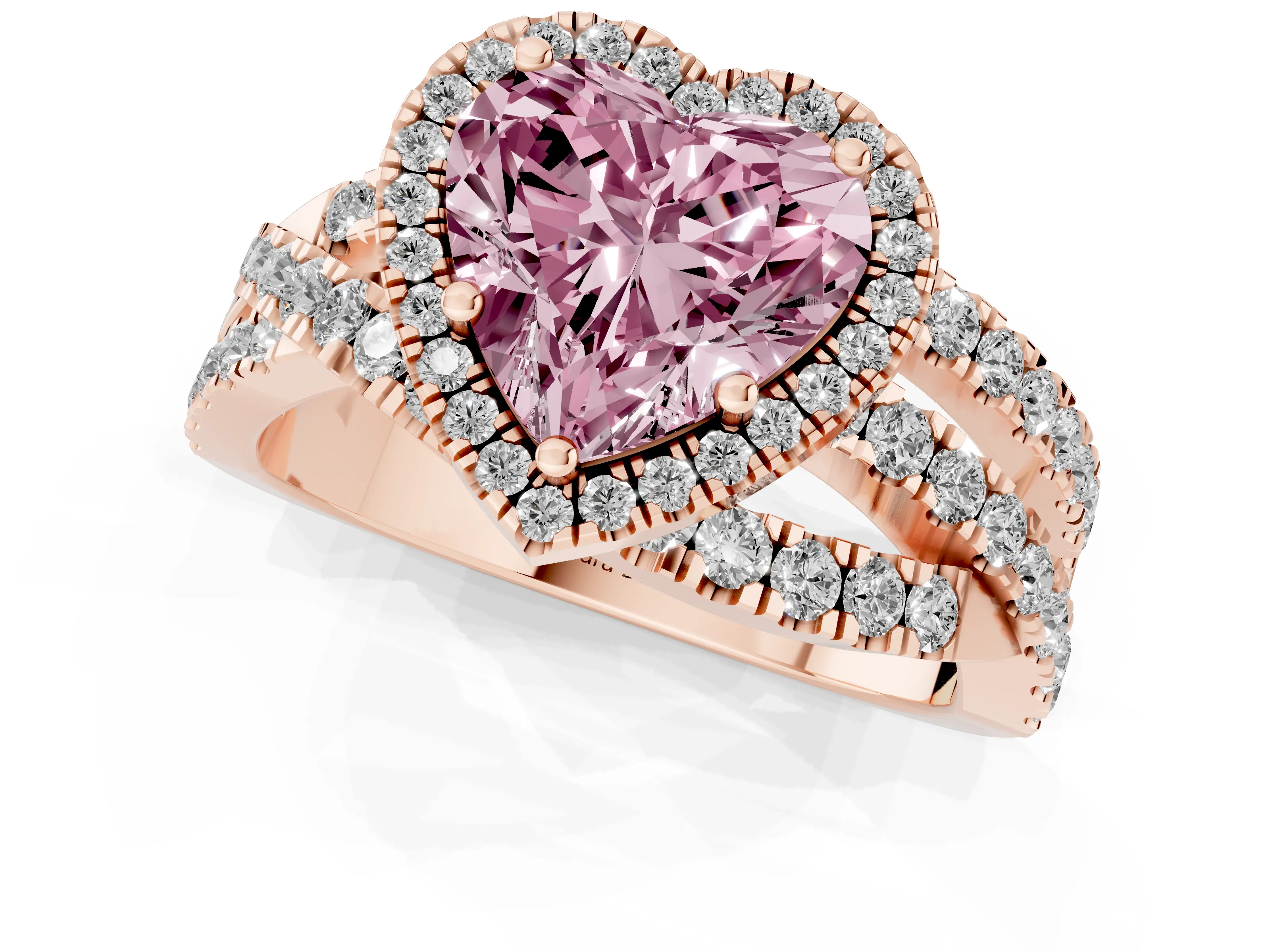 Fancy Pink Heart Cut Diamond Halo Ring Set in Rose gold with Round Crossover Split Shank and Prong Setting