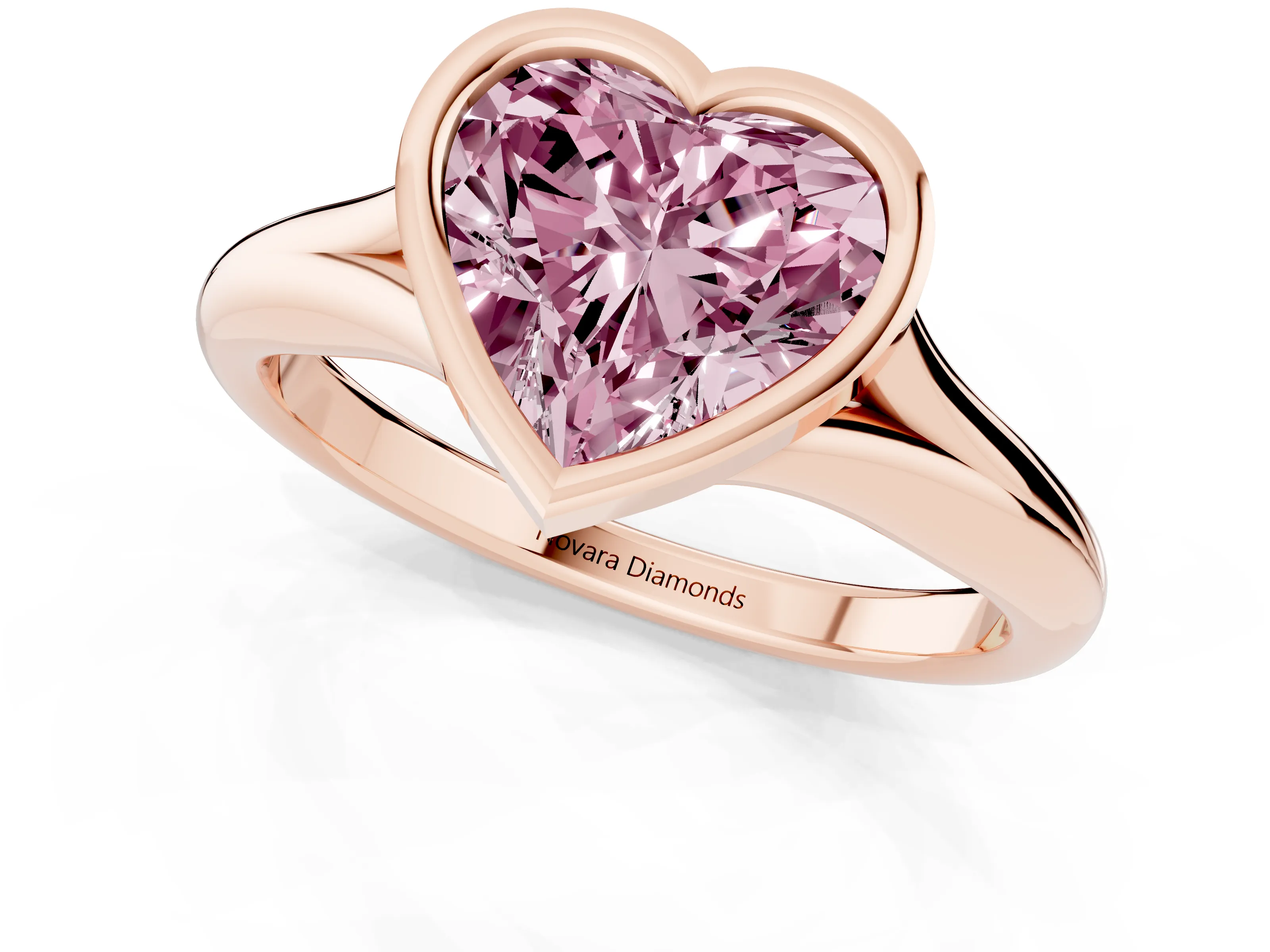 Fancy Pink Bezel Set Heart Cut Diamond Solitaire Ring Set in Rose gold with Smooth Band