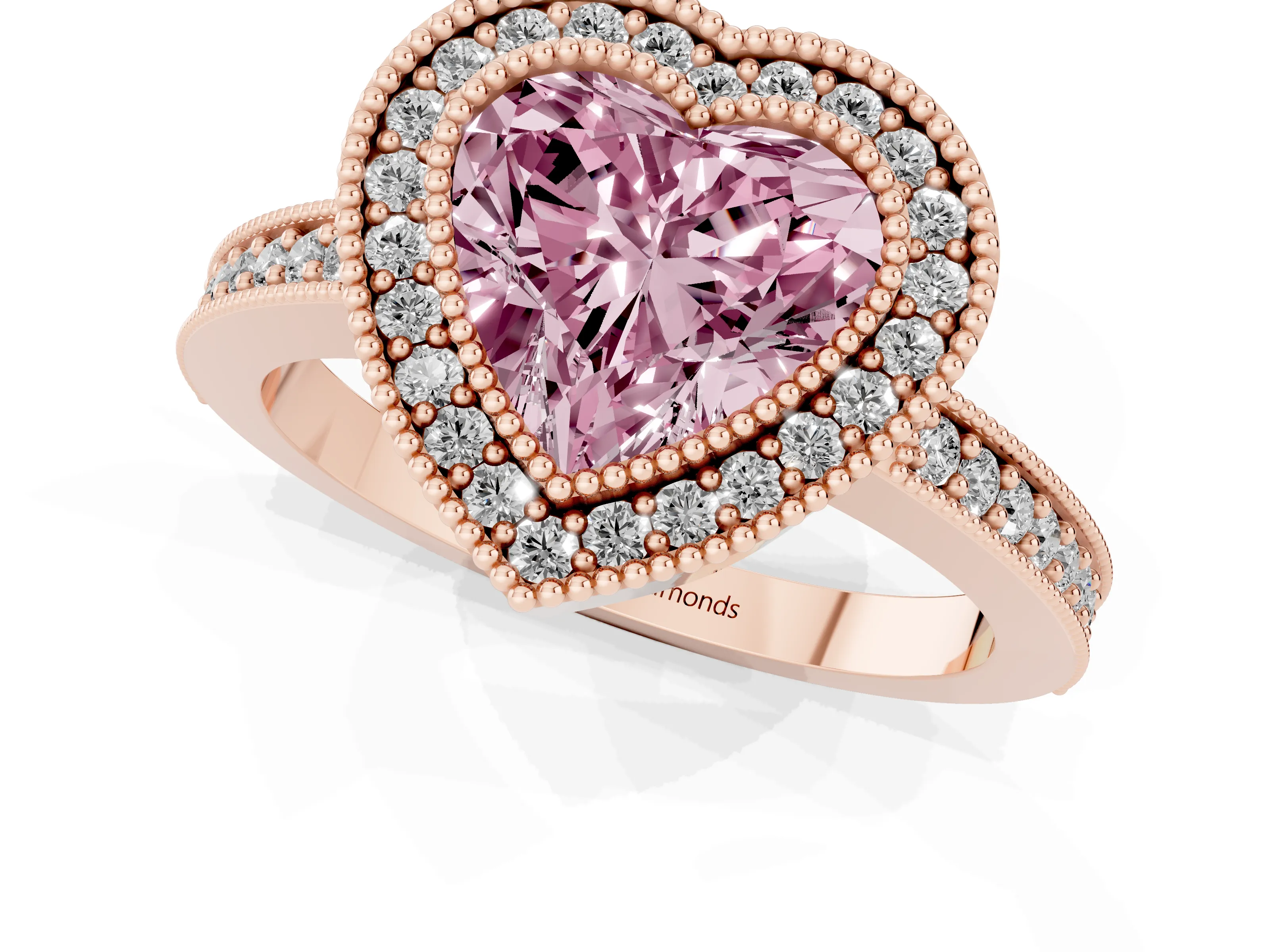 Fancy Pink Heart Cut Diamond Halo Engagement Ring Set in Rose gold with Pavé Band and Round Halo Stones