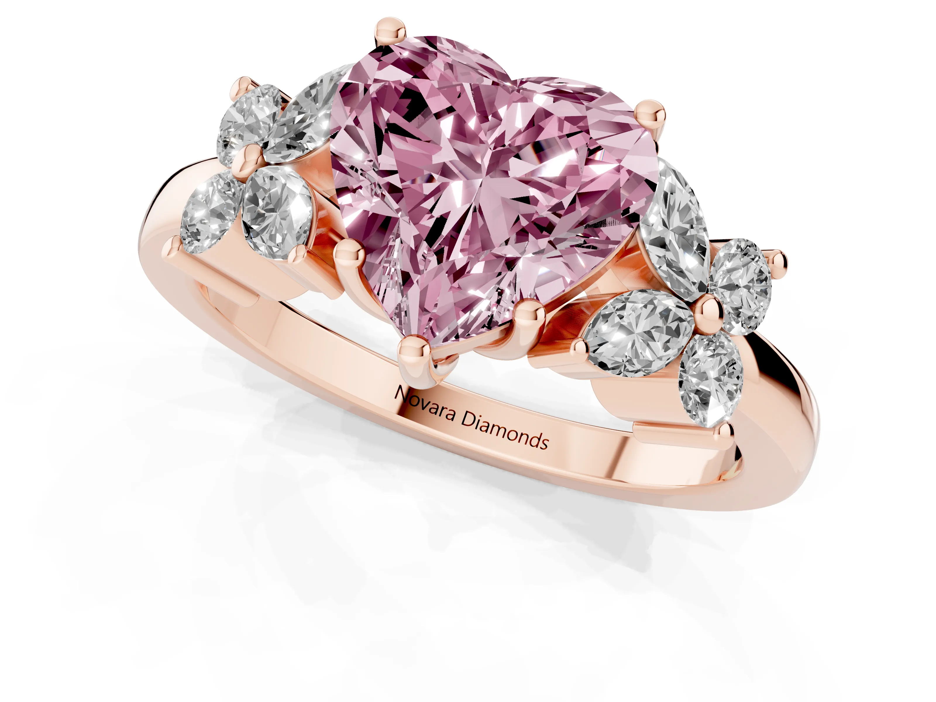 Fancy Pink Heart Cut Diamond Floral Cluster Ring Set in Rose gold with Marquise Petals and Prong Setting