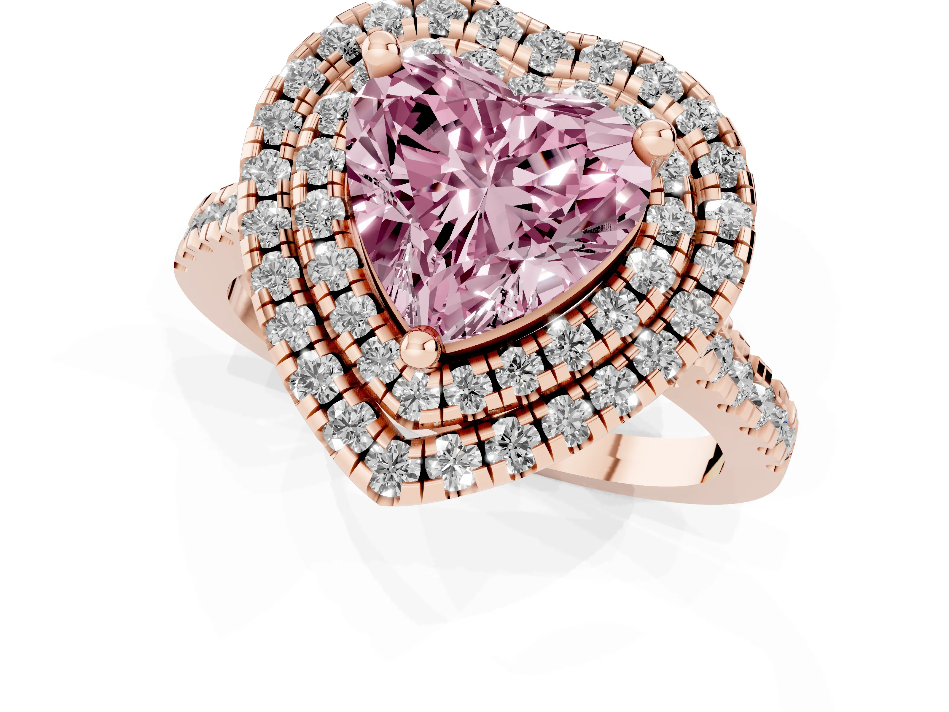 Fancy Pink Heart Cut Diamond Double Halo Statement Ring Set in Rose gold with Pavé Band