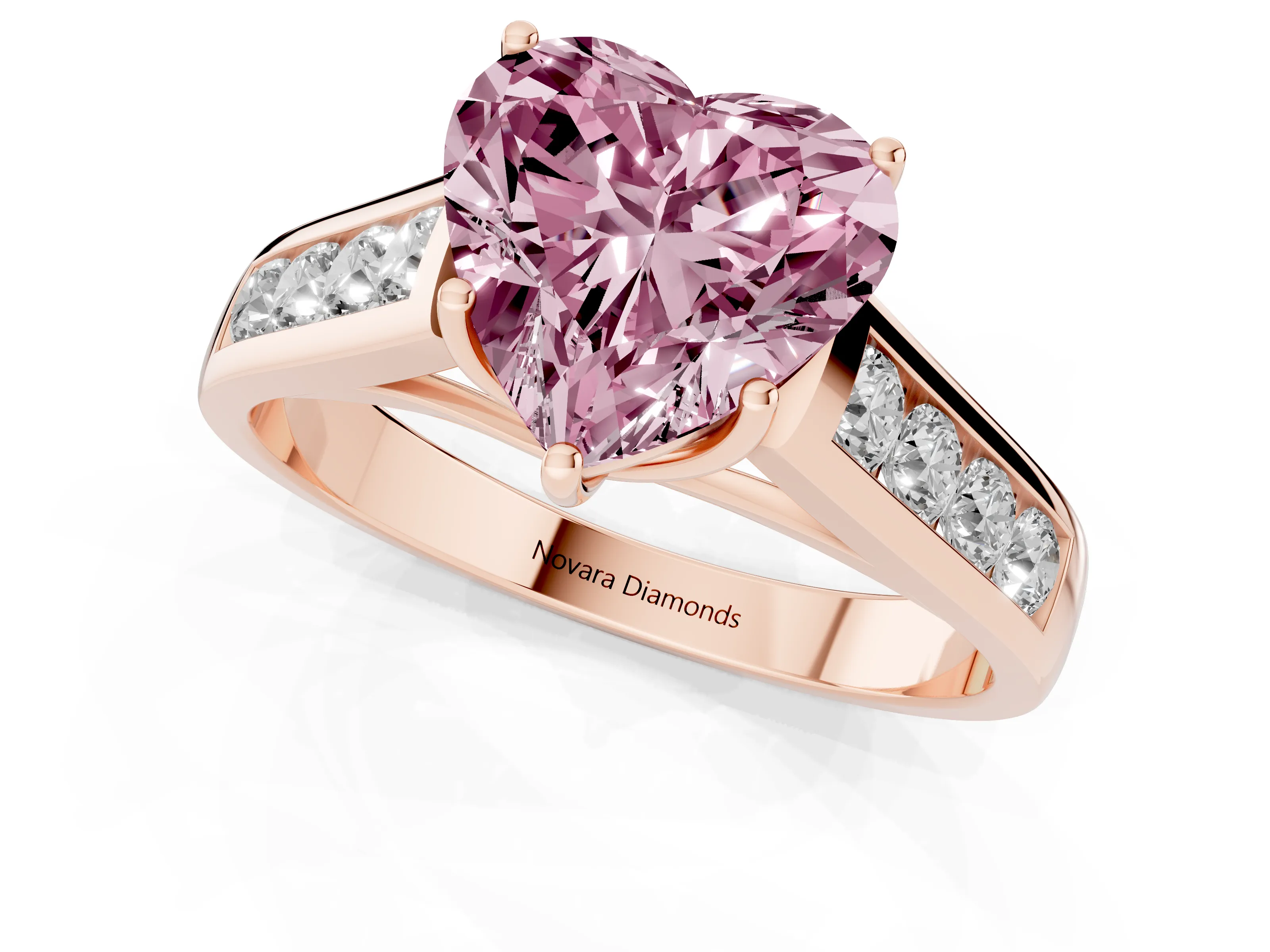 Fancy Pink Heart Cut Diamond Solitaire Channel-Set Engagement Ring Set in Rose gold with Prong Setting