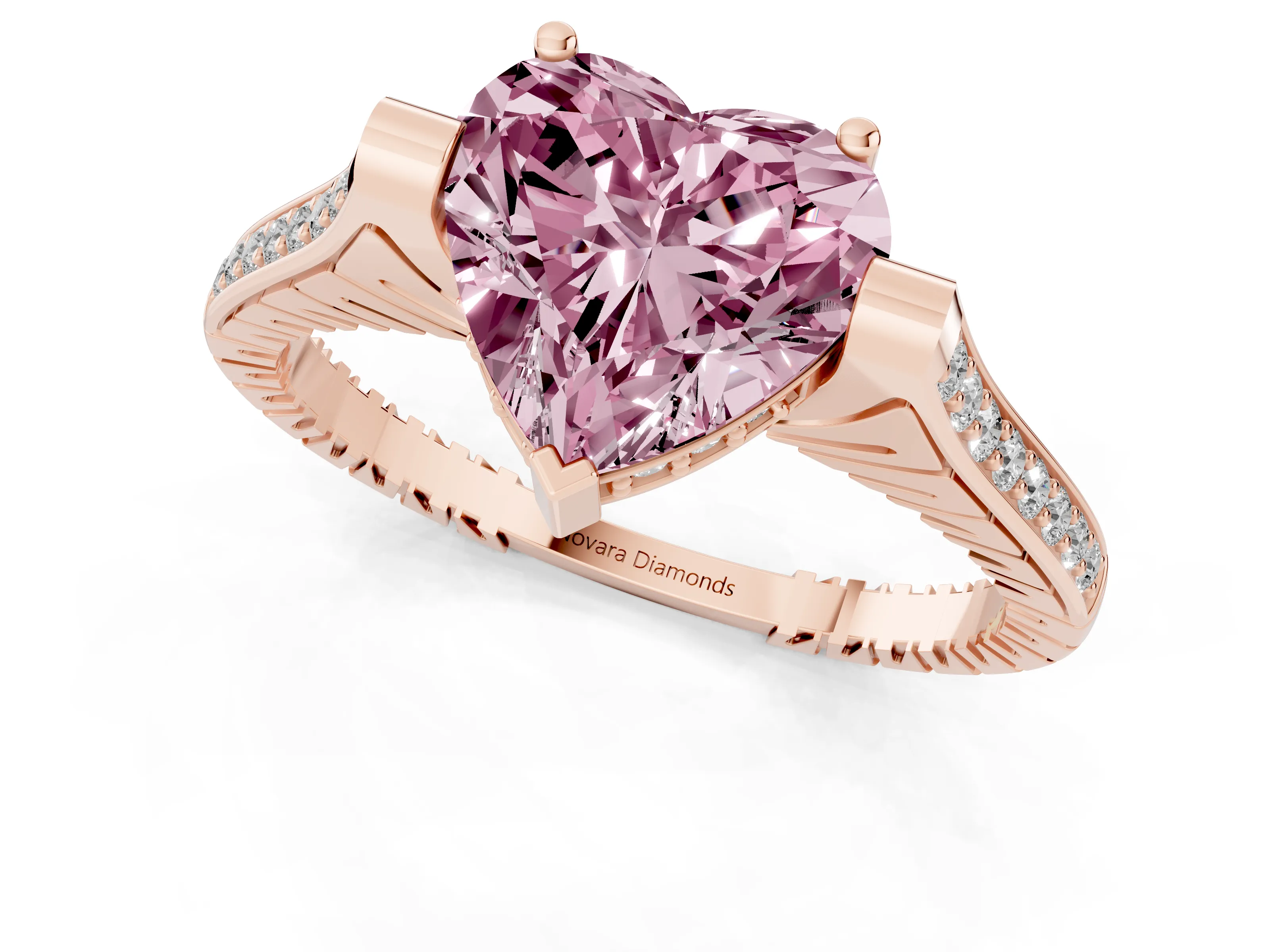 Fancy Pink Heart Cut Diamond Solitaire Ring Set in Rose gold with Channel Set Band and Bezel Prong Setting