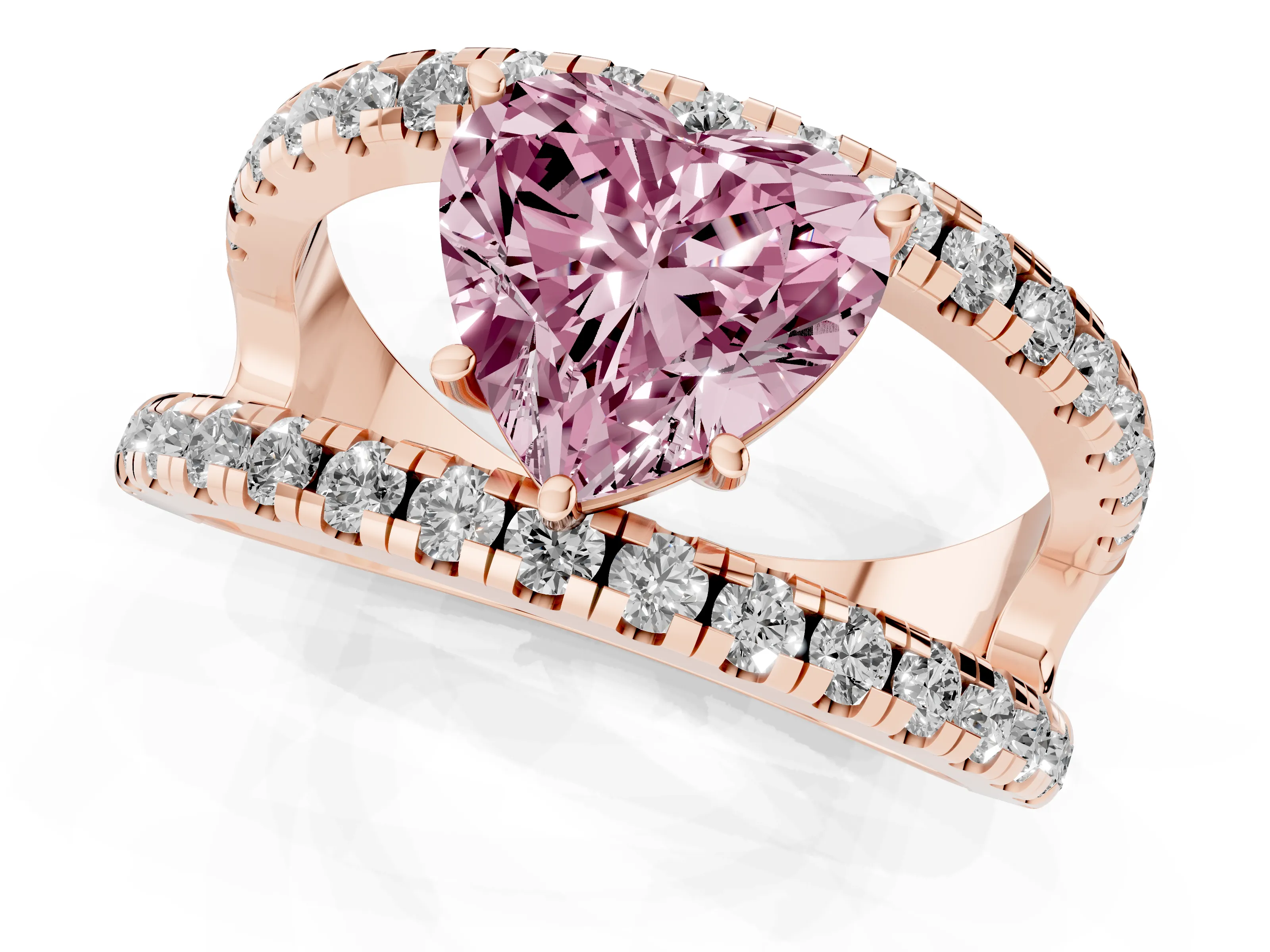 Fancy Pink Heart Cut Diamond Split Shank Pavé Solitaire Ring Set in Rose gold with Open Shank Design