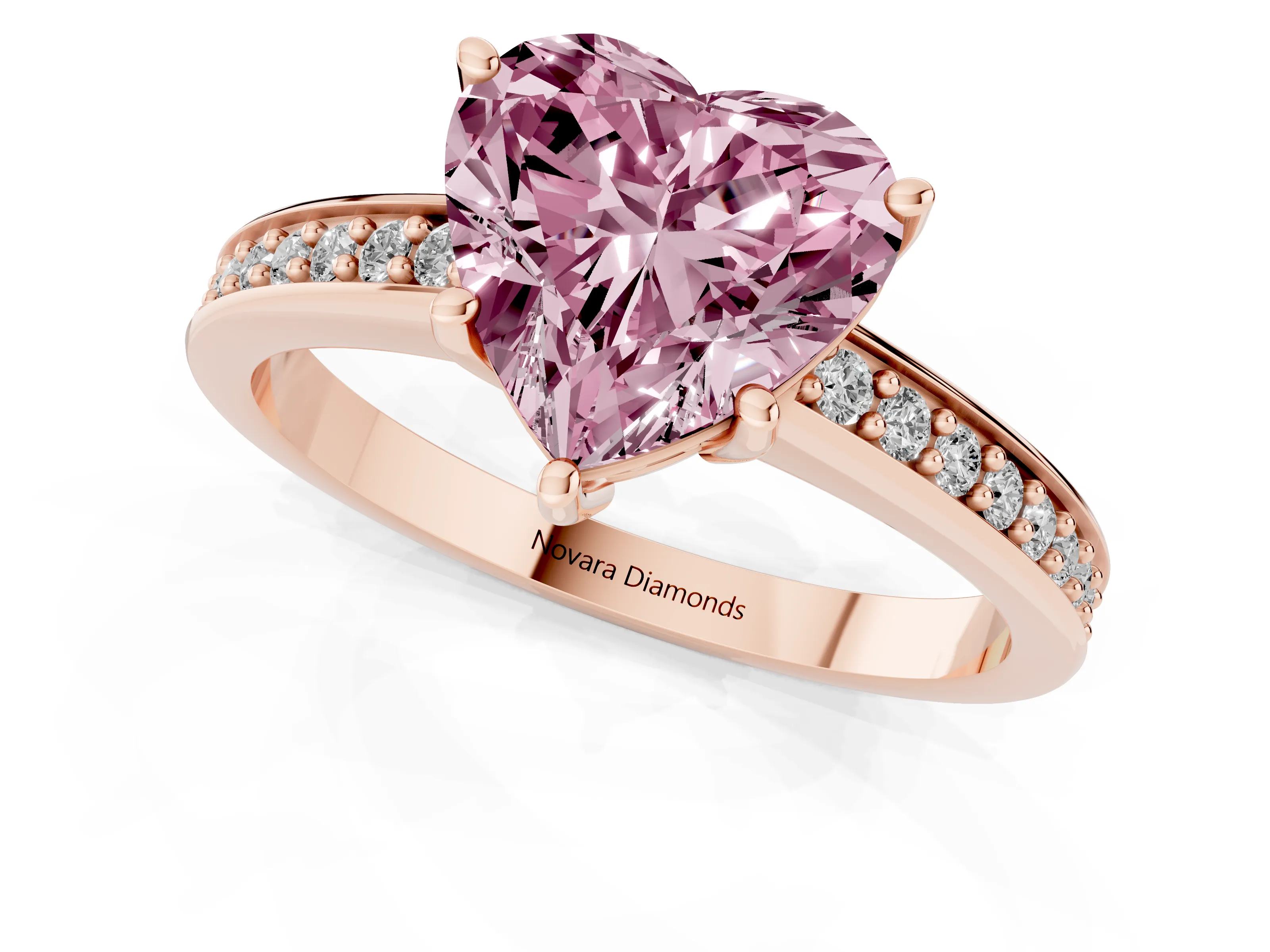 Fancy Pink Heart Cut Diamond Pavé Band Prong Set Solitaire Ring Set in Rose gold