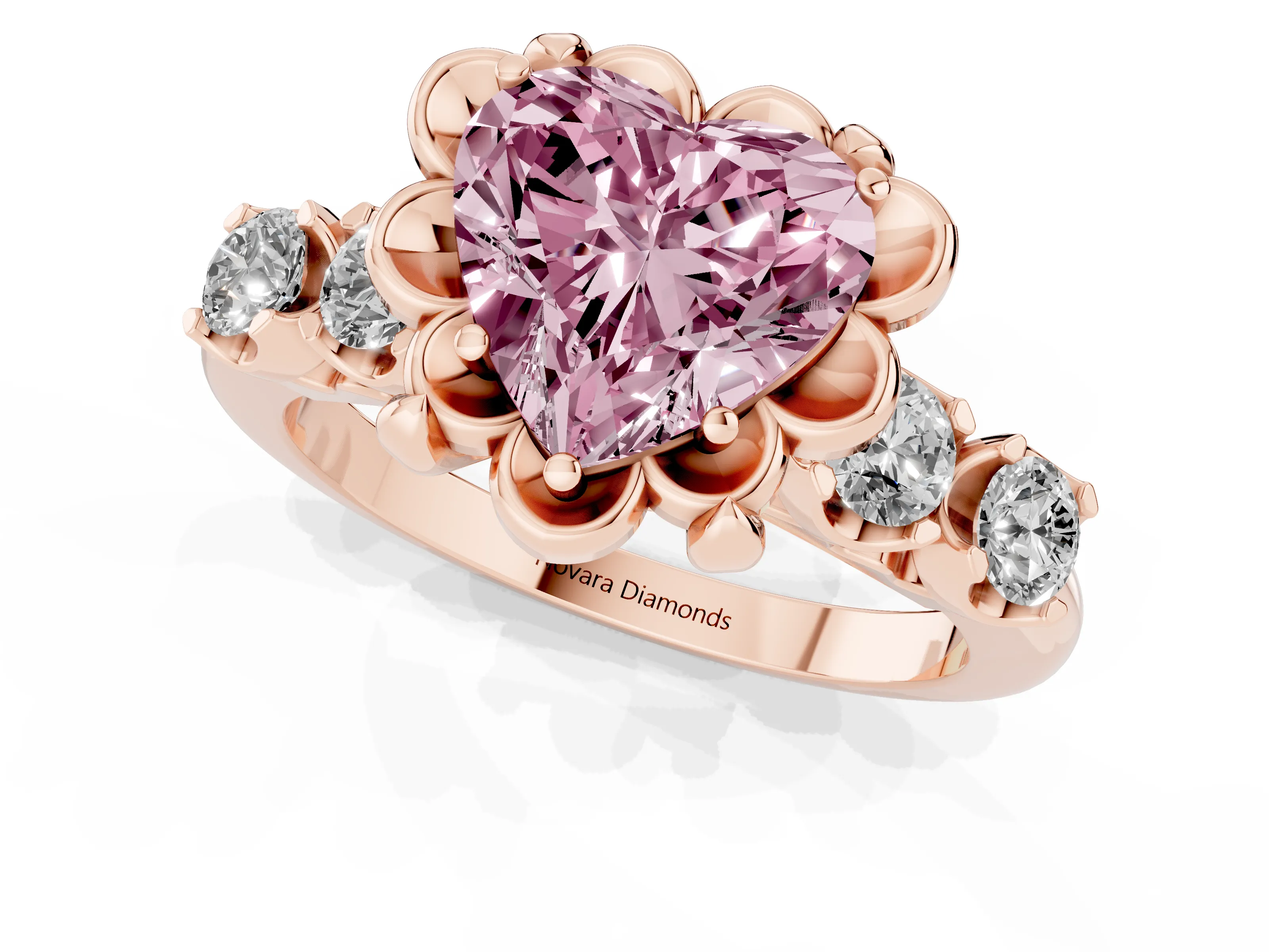 Fancy Pink Heart Cut Diamond Floral Halo Ring Set in Rose gold with Shared Prong Band