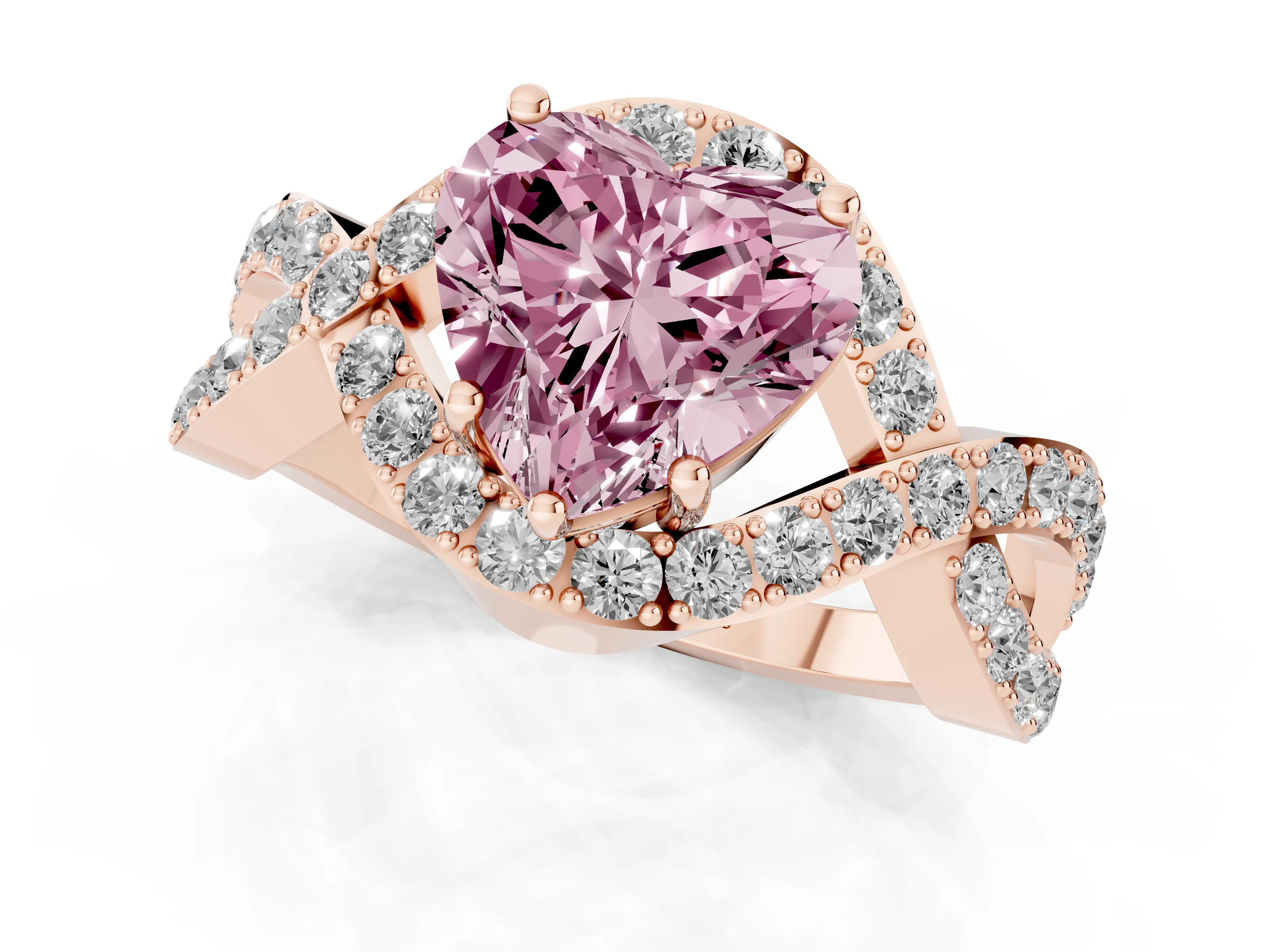 Fancy Pink Heart Cut Diamond Solitaire Twist Band Pavé Engagement Ring Set in Rose gold