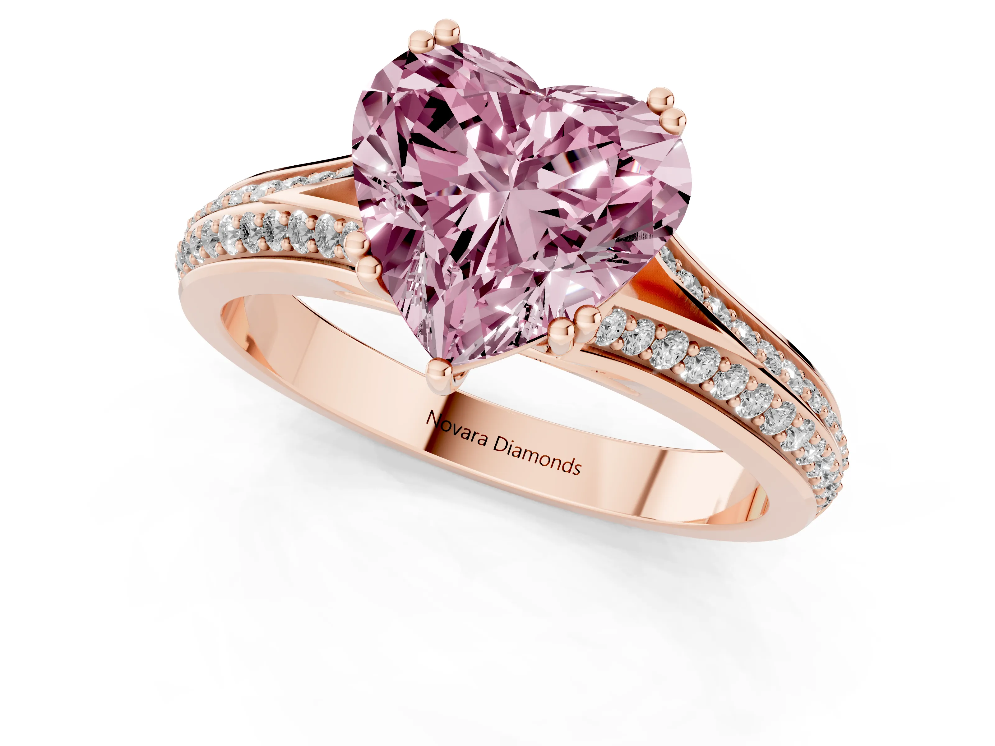 Fancy Pink Heart Cut Diamond Split Shank Pavé Engagement Ring Set in Rose gold with Prong-Set Center Stone