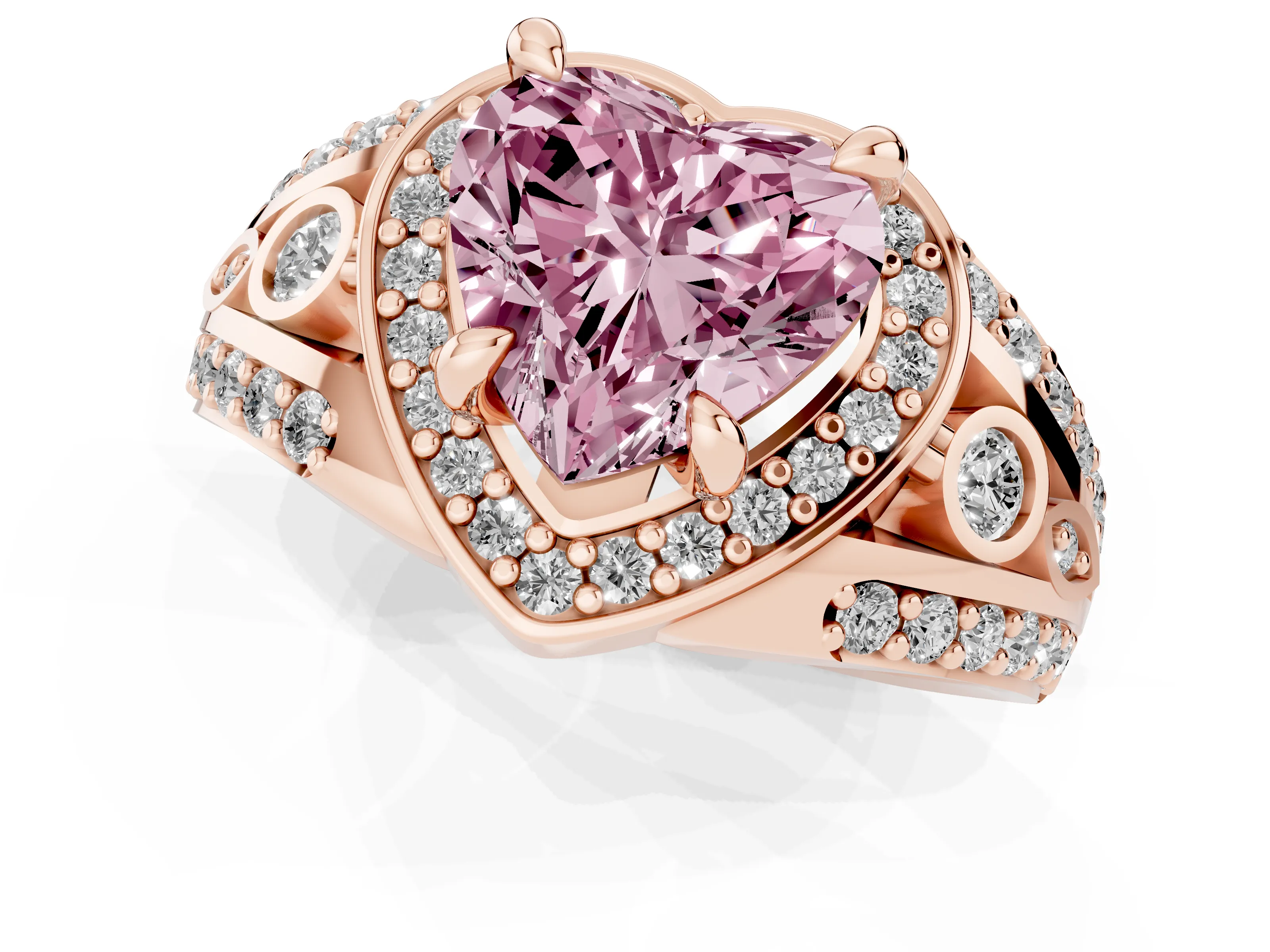 Fancy Pink Heart Cut Diamond Halo Ring Set in Rose gold with Pavé Split Shank and Bezel Accents