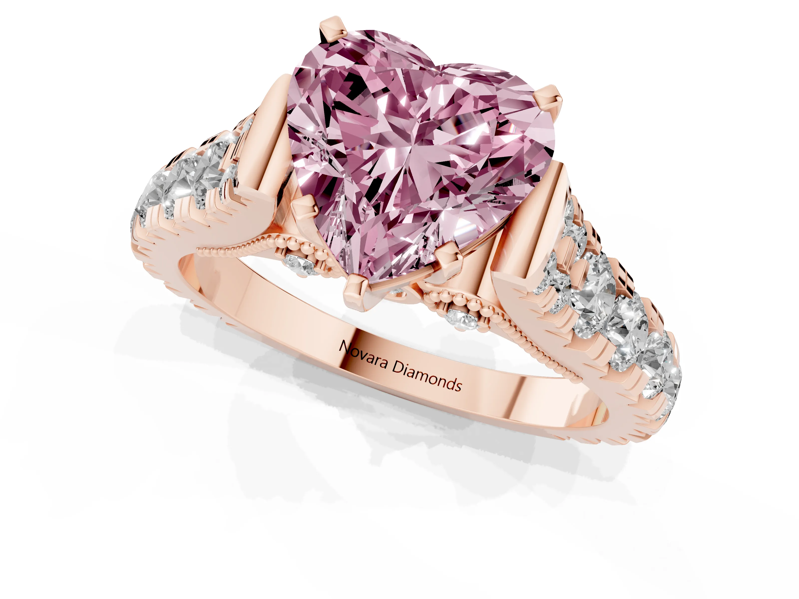 Fancy Pink Heart Cut Diamond Classic Solitaire Ring Set in Rose gold with Pavé Band and Prong Setting