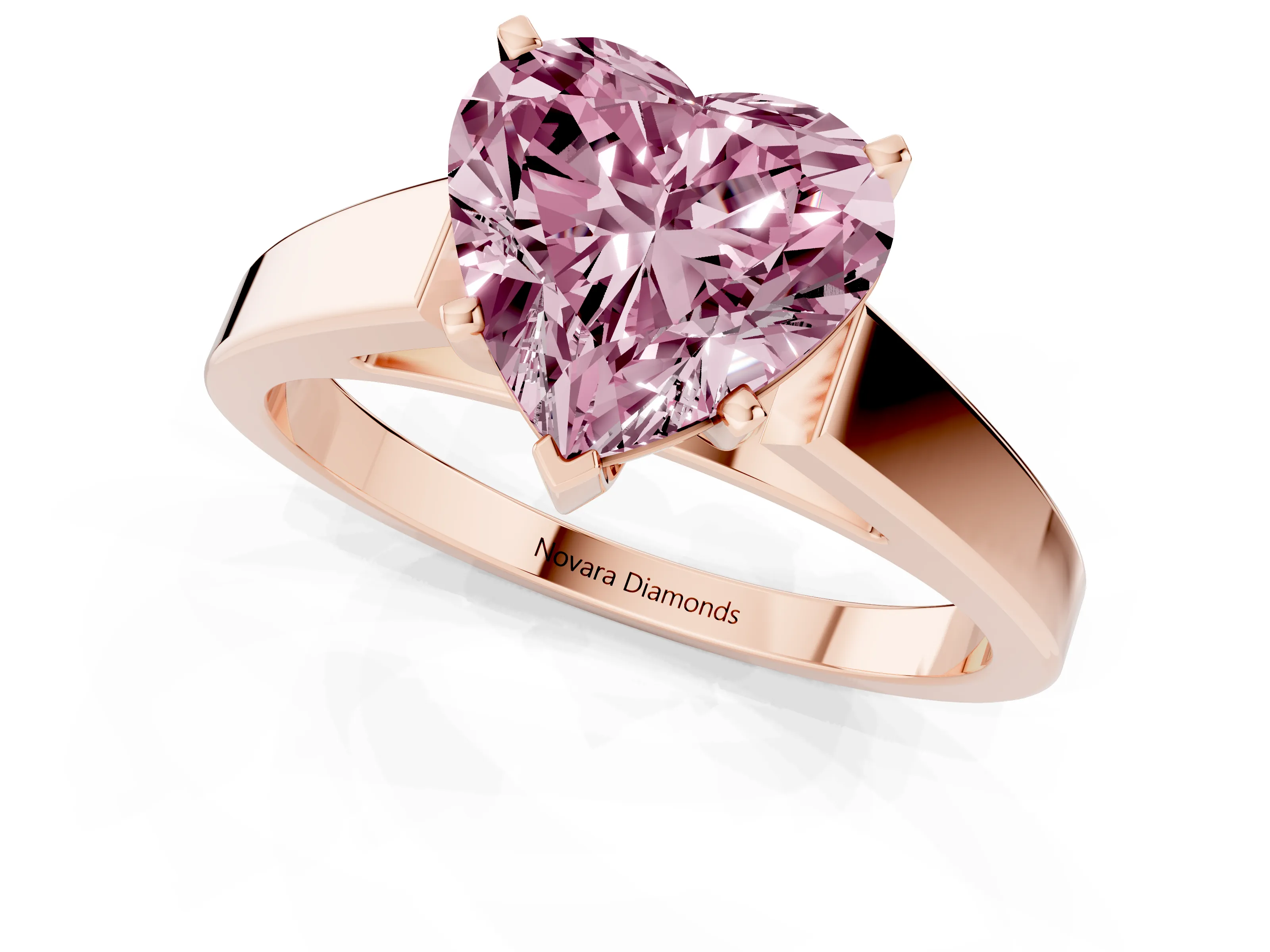 Fancy Pink Heart Cut Diamond Solitaire Engagement Ring Set in Rose gold with Prong Setting and Tapered Band