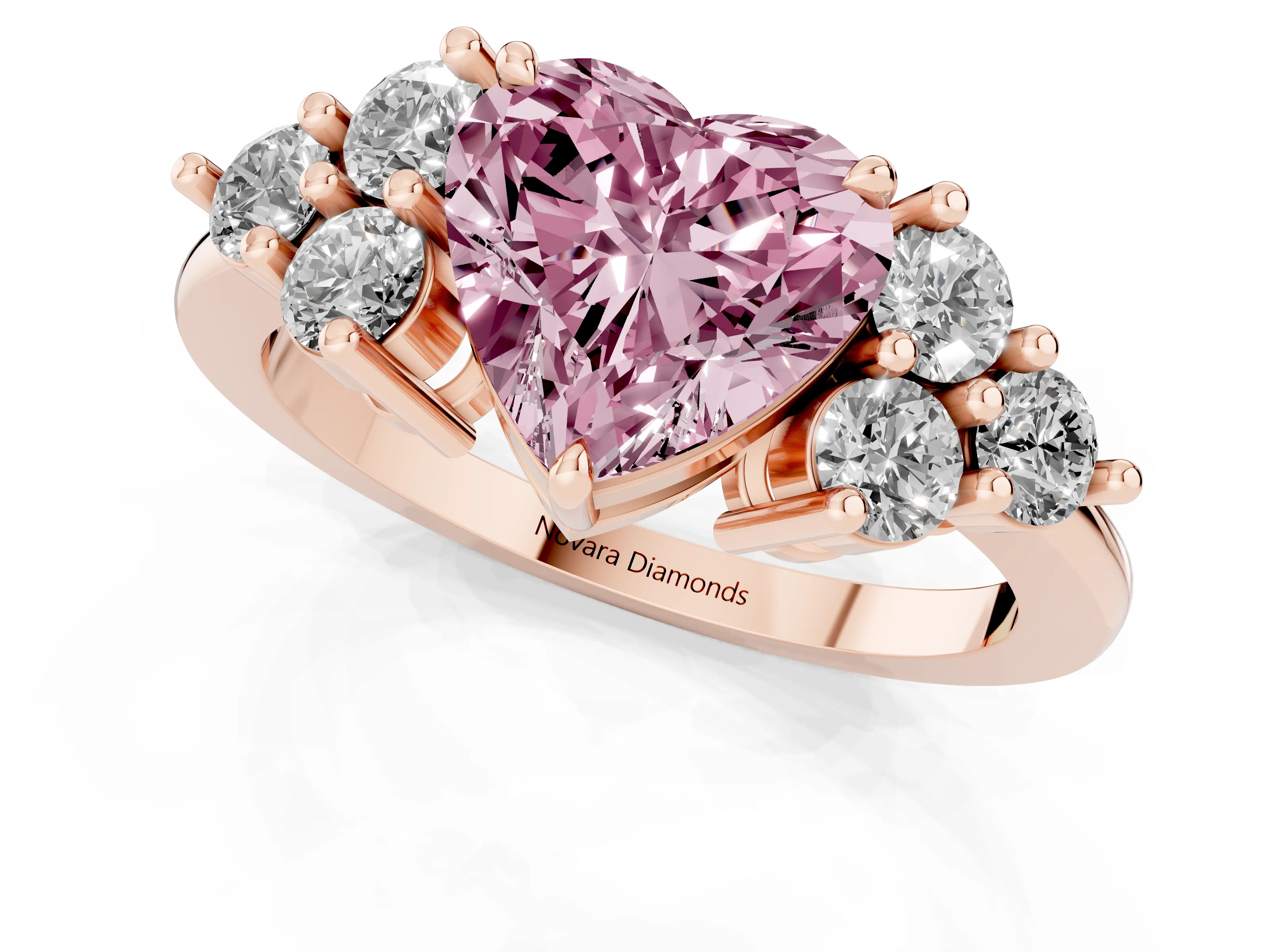 Fancy Pink Heart Cut Diamond Solitaire Ring Set in Rose gold with Cluster Accents on Each Side