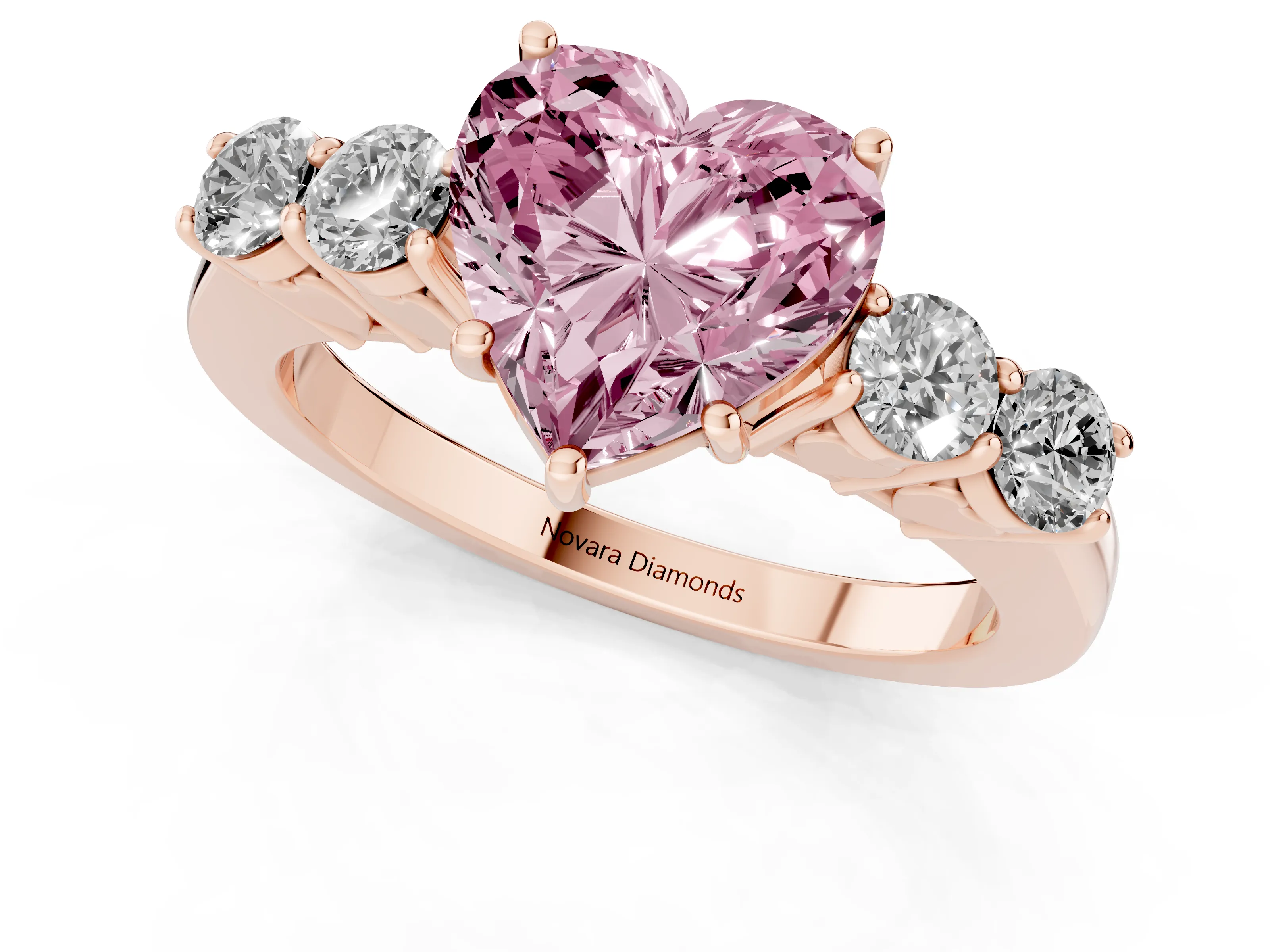 Fancy Pink Heart Cut Diamond Five-Stone Prong Set Band Ring Set in Rose gold with Polished Band