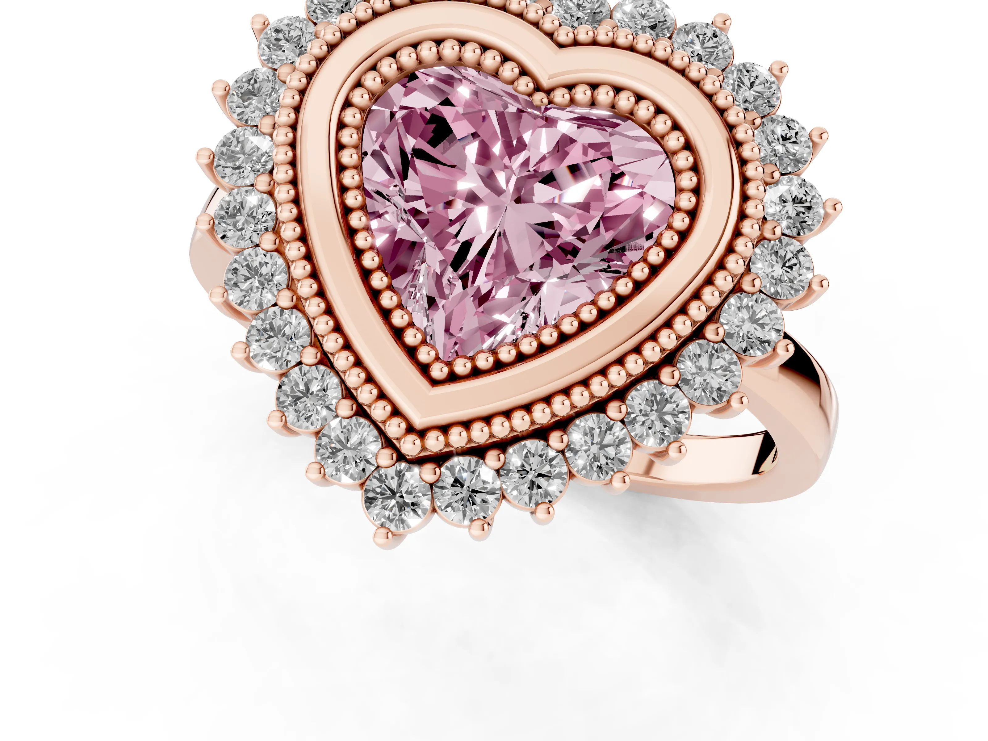 Fancy Pink Heart Cut Diamond Halo Ring Set in Rose gold with Milgrain Edge and Round Prong Setting