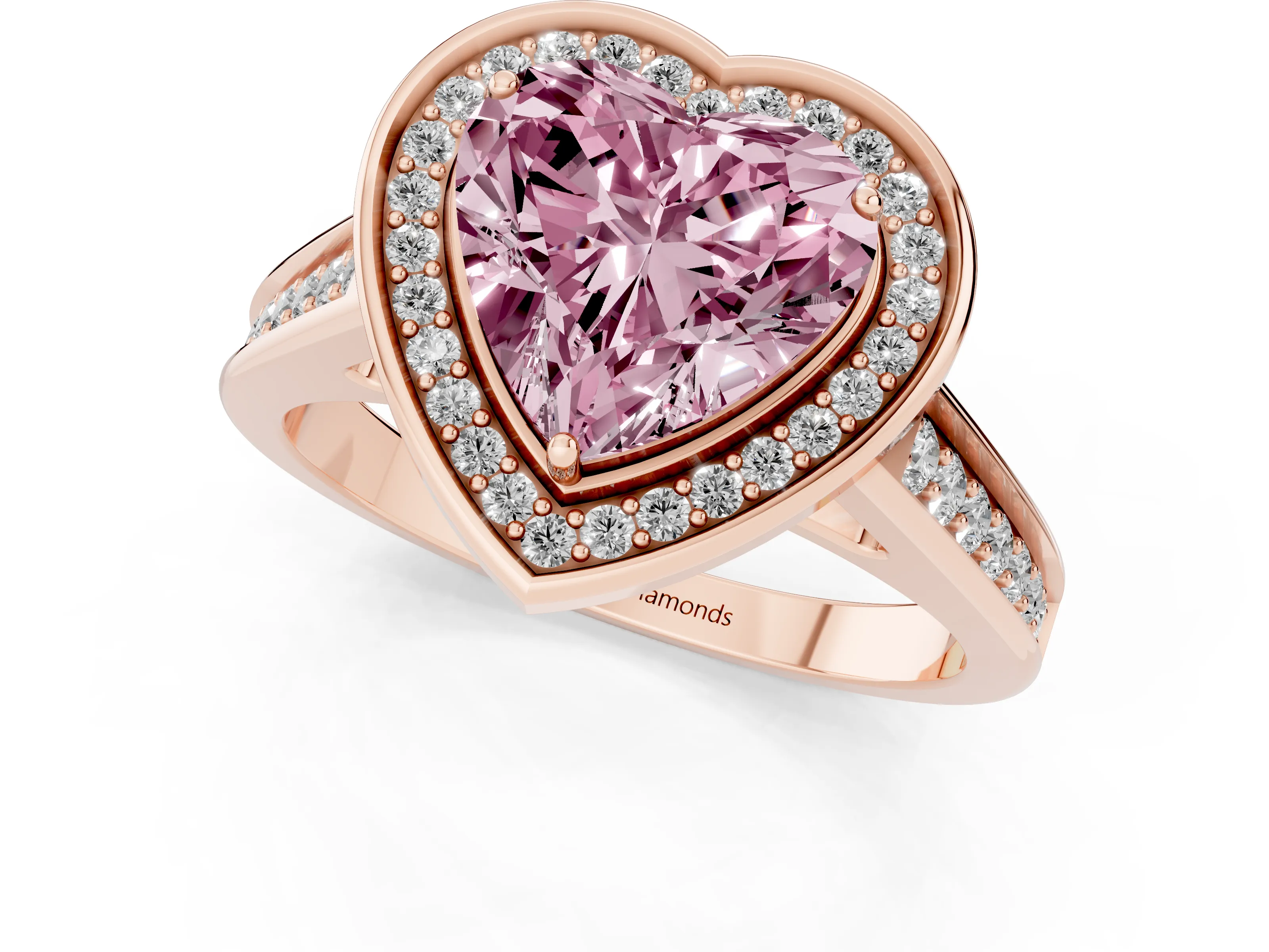 Fancy Pink Heart Cut Diamond Halo Solitaire Ring Set in Rose gold with Pavé Band and Bezel Setting