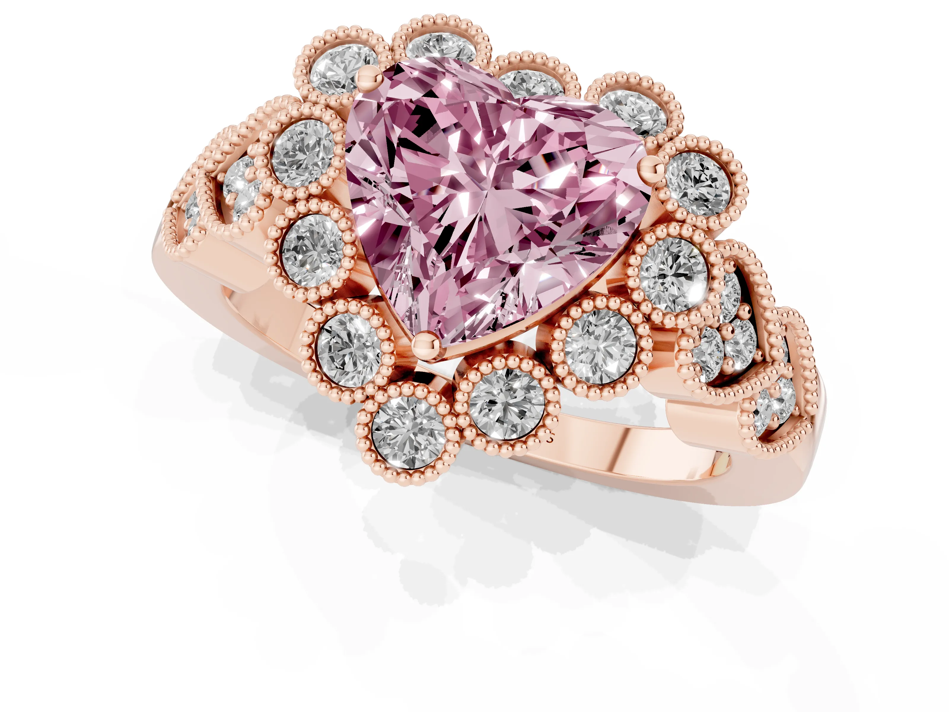 Fancy Pink Heart Cut Diamond Solitaire Ring Set in Rose gold with Milgrain Pavé Heart Band