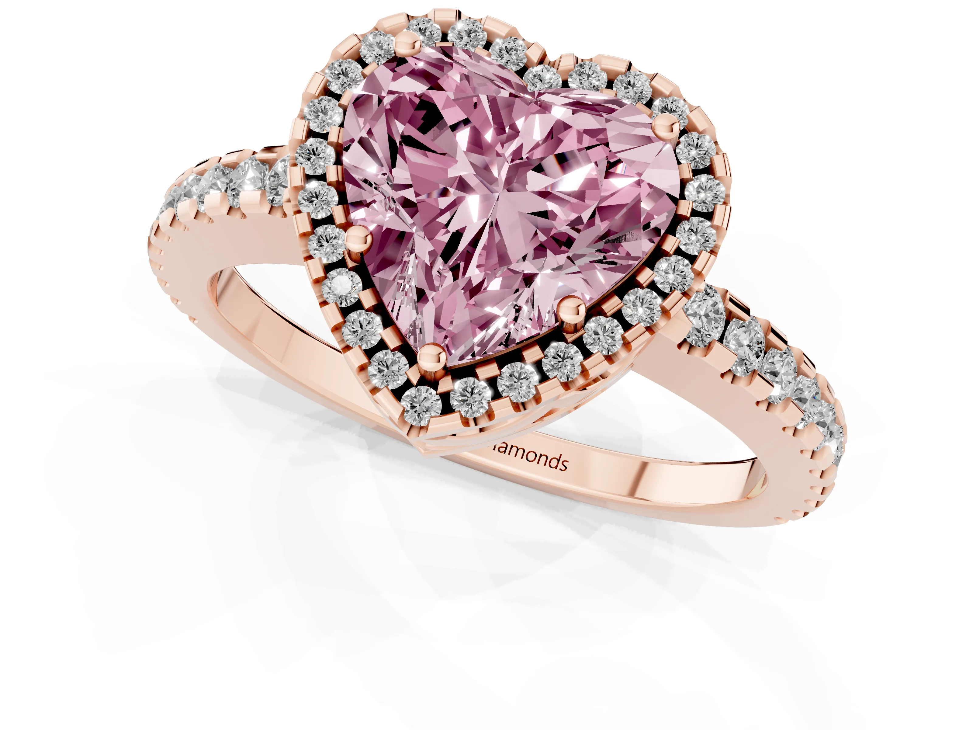 Fancy Pink Heart Cut Diamond Halo Ring Set in Rose gold with Pavé Shoulders and Halo-Framed Center