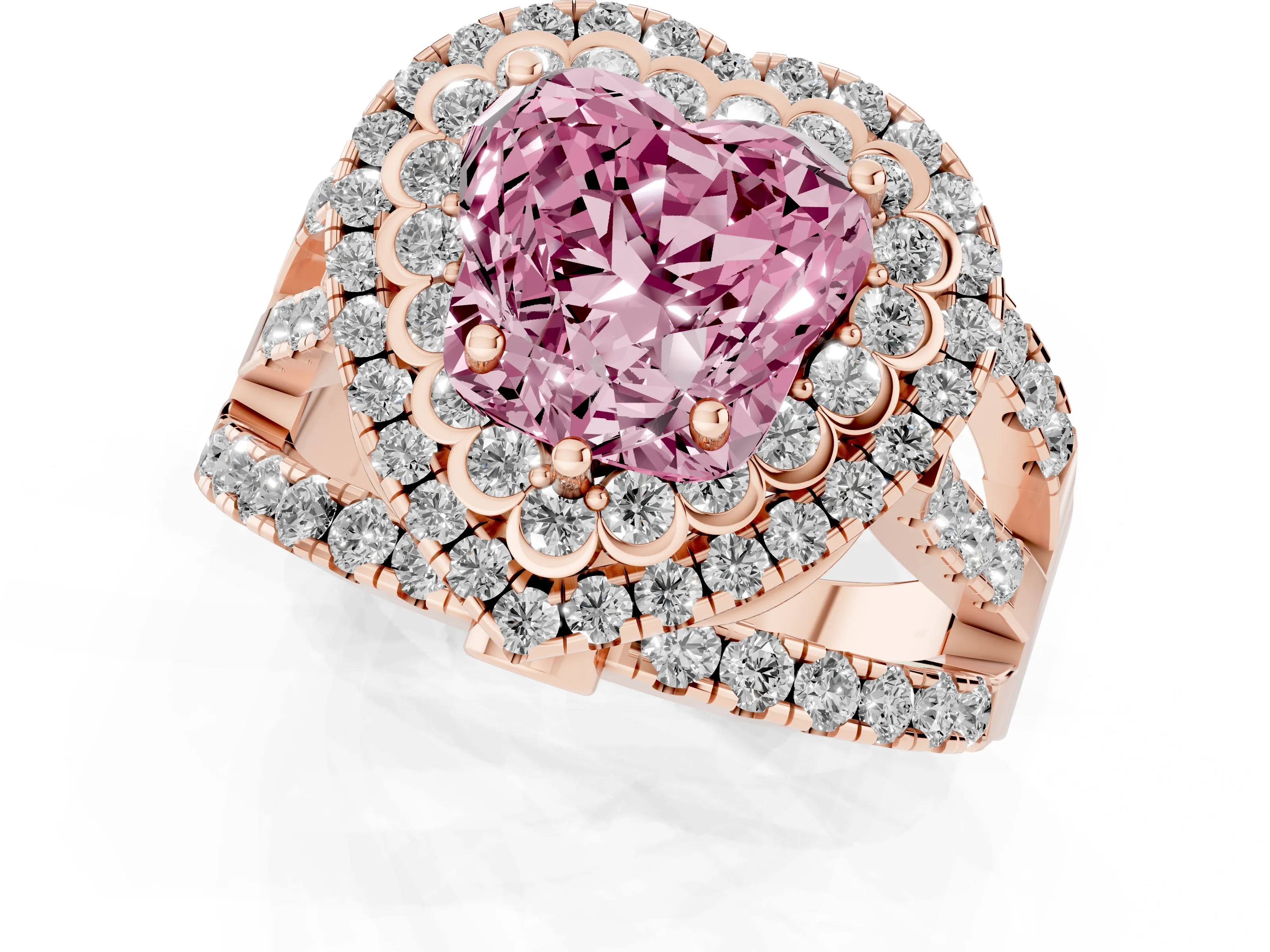 Fancy Pink Heart Cut Diamond Double Halo Ring Set in Rose gold with Round Pavé Split Shank