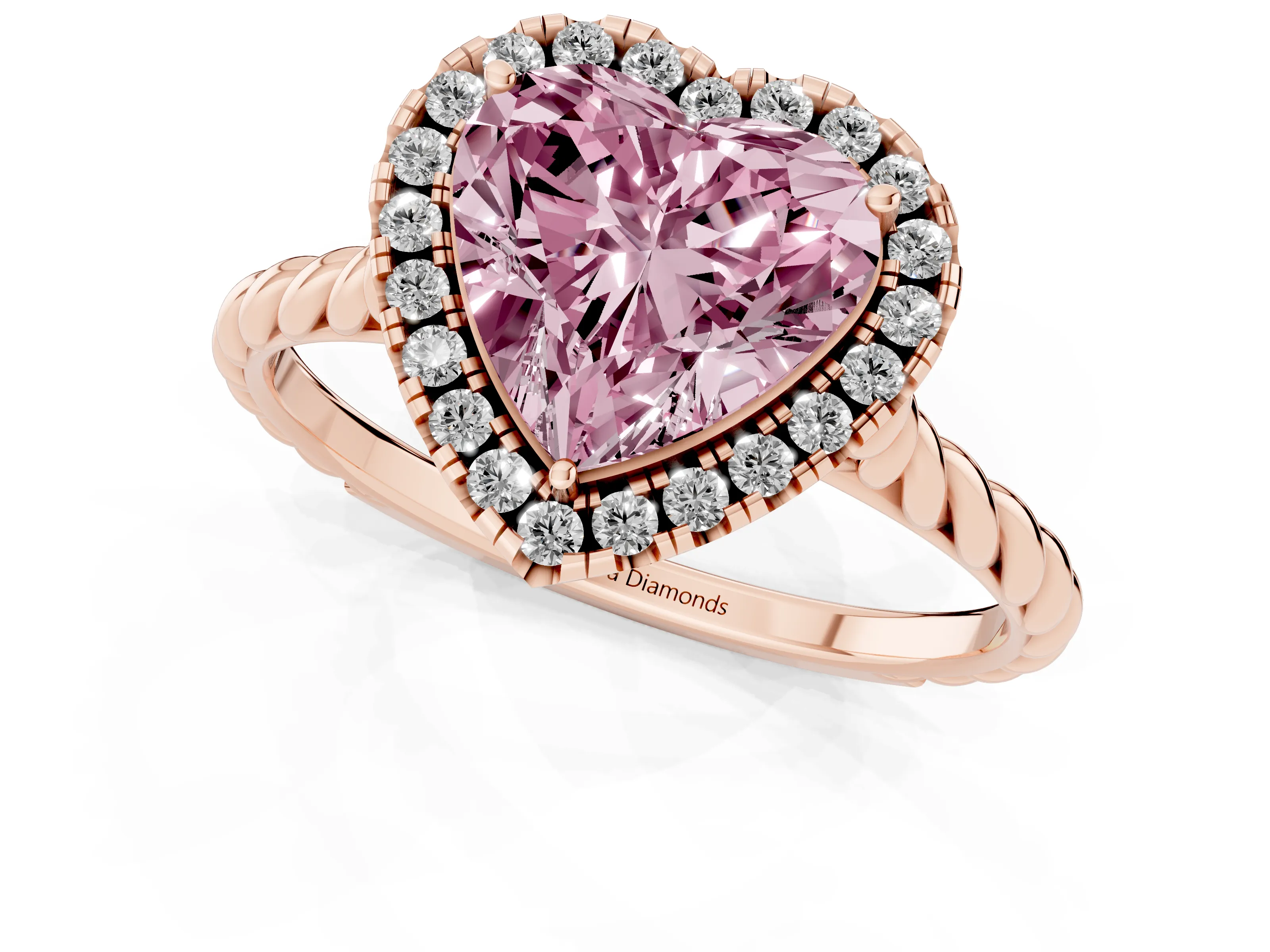 Fancy Pink Heart Cut Diamond Halo Ring Set in Rose gold with Plain Twisted Band