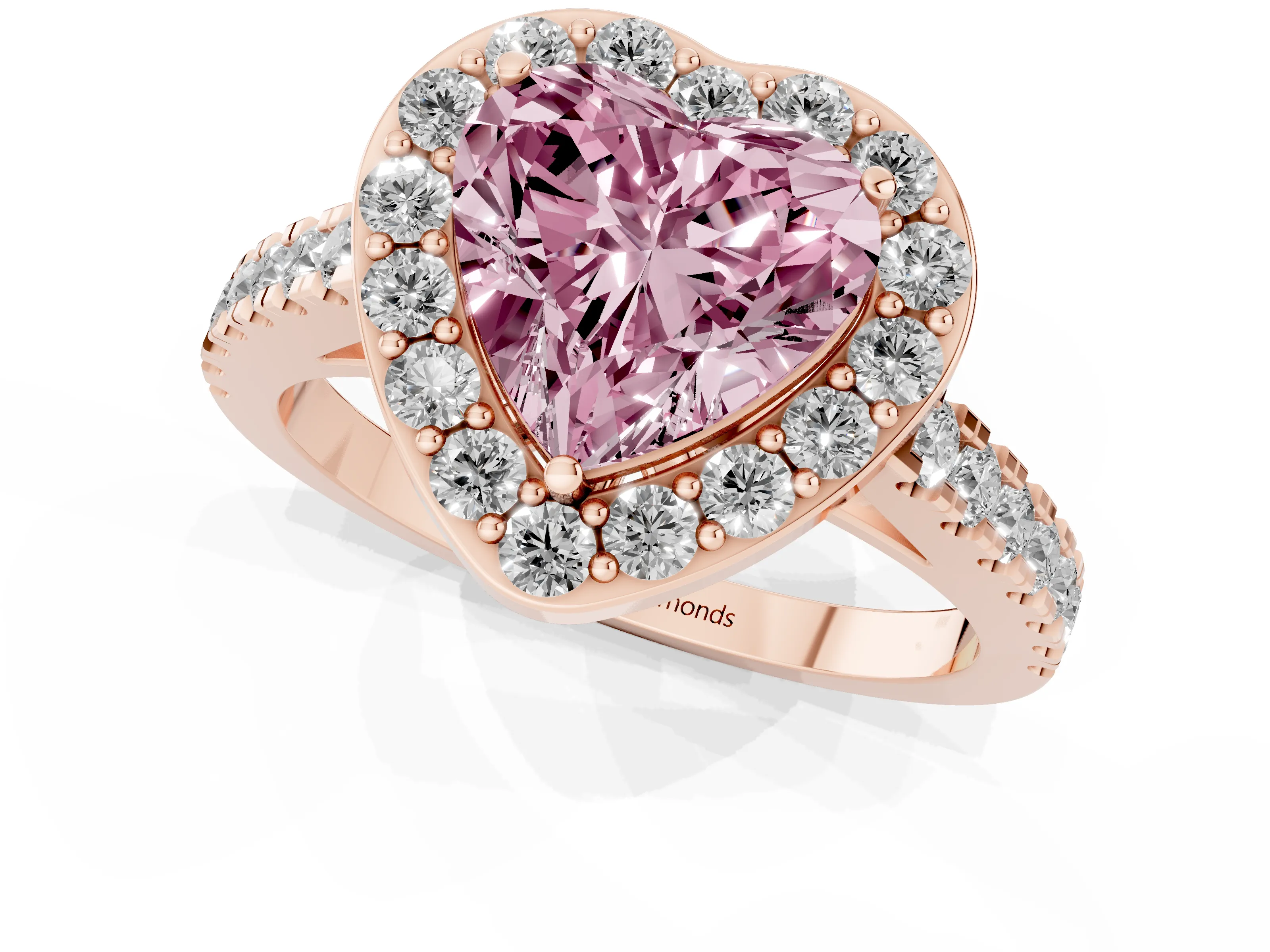 Fancy Pink Heart Cut Diamond Halo Ring Set in Rose gold with Round Pavé Split Shank and Prong Setting