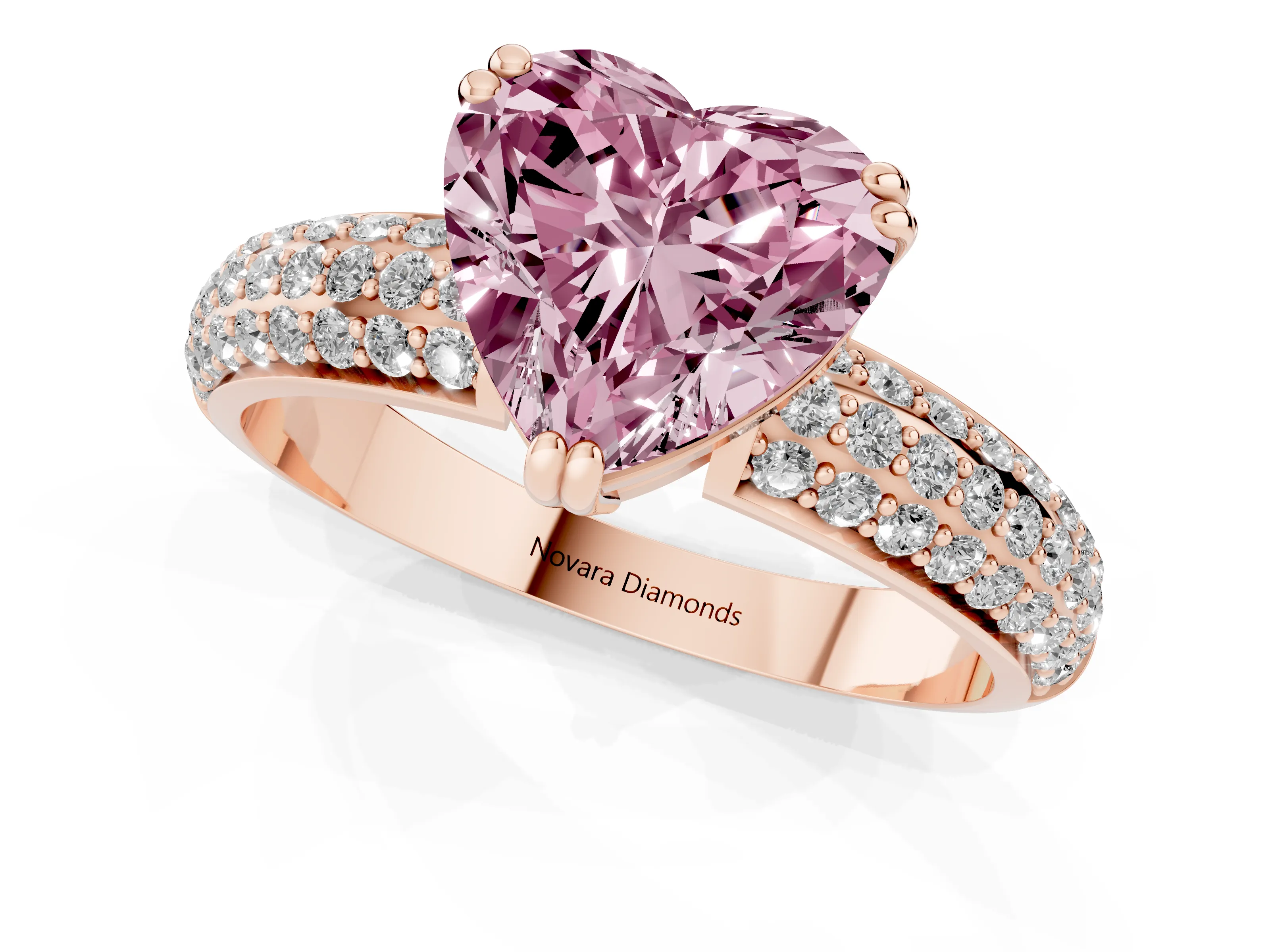 Fancy Pink Heart Cut Diamond Solitaire Ring Set in Rose gold with Multi-Row Round Pavé Band and Prong Setting