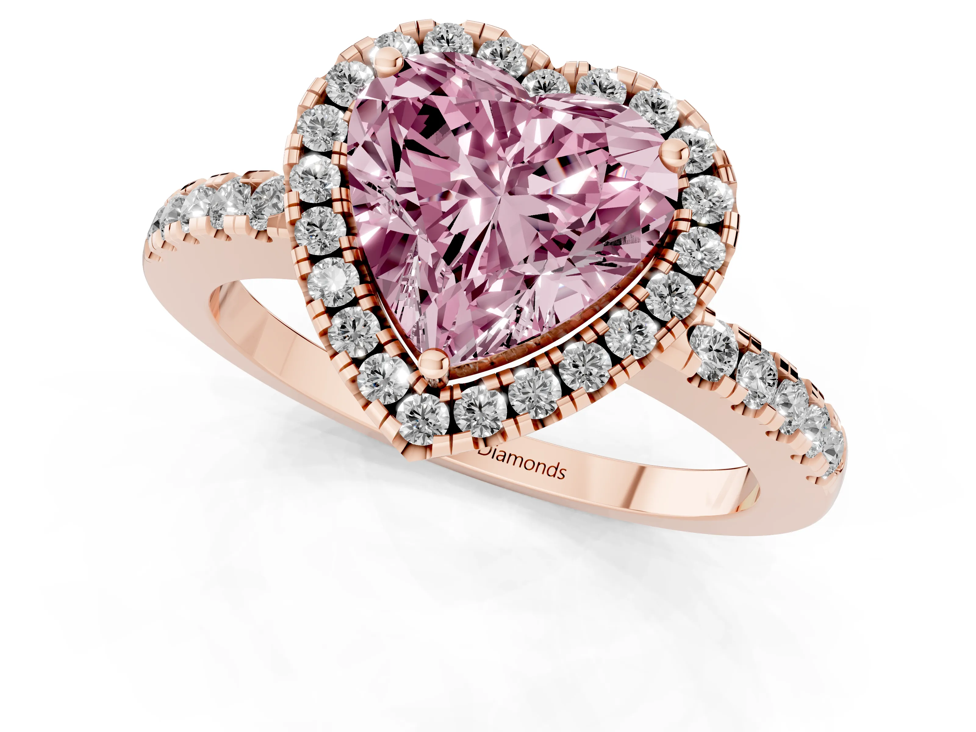 Fancy Pink Heart Cut Diamond Pavé Band Halo Engagement Ring Set in Rose gold with Prong Setting