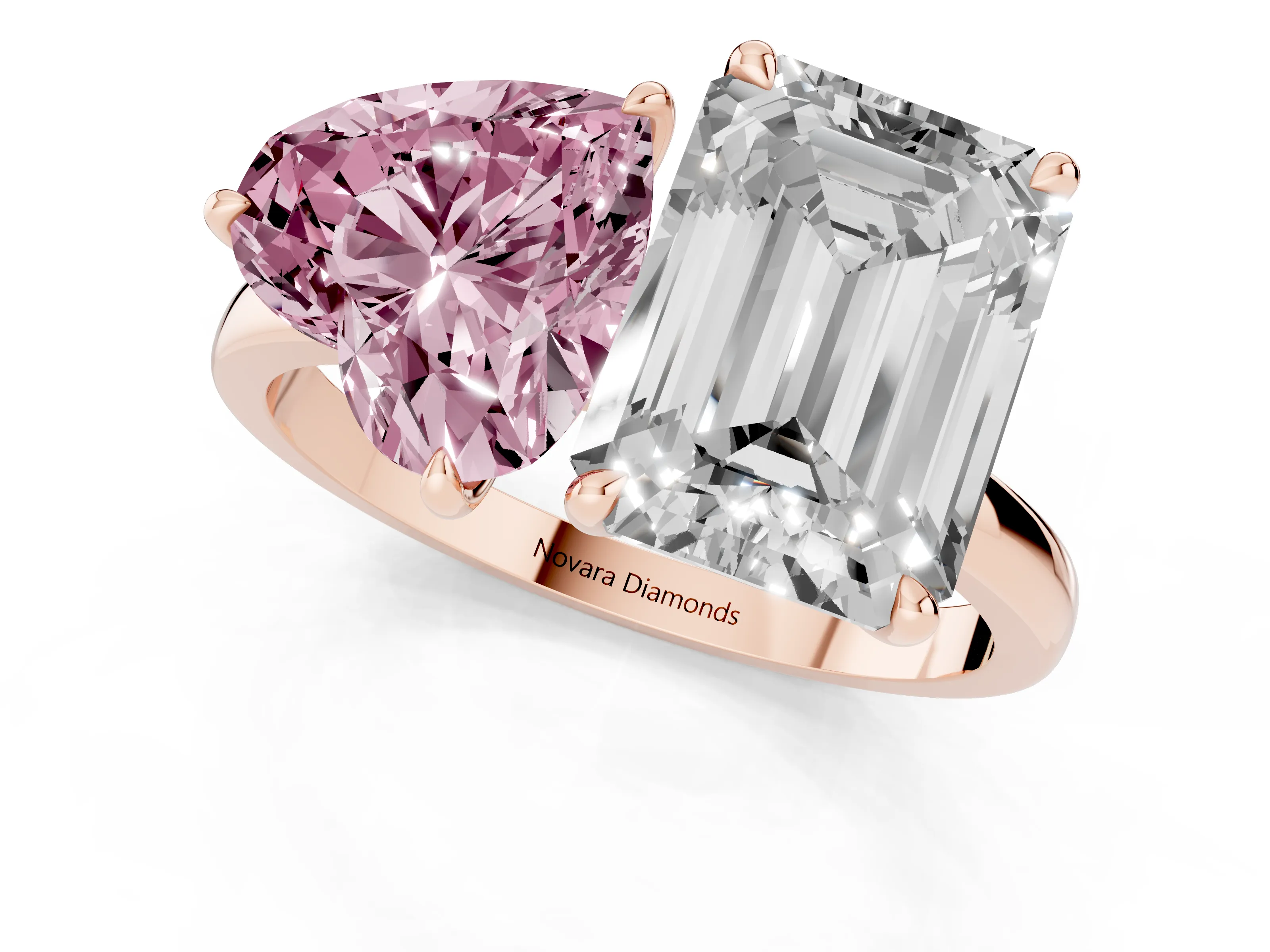 Fancy Pink Heart Cut and Emerald Cut Toi Moi Ring Set in Rose gold with Prong Setting