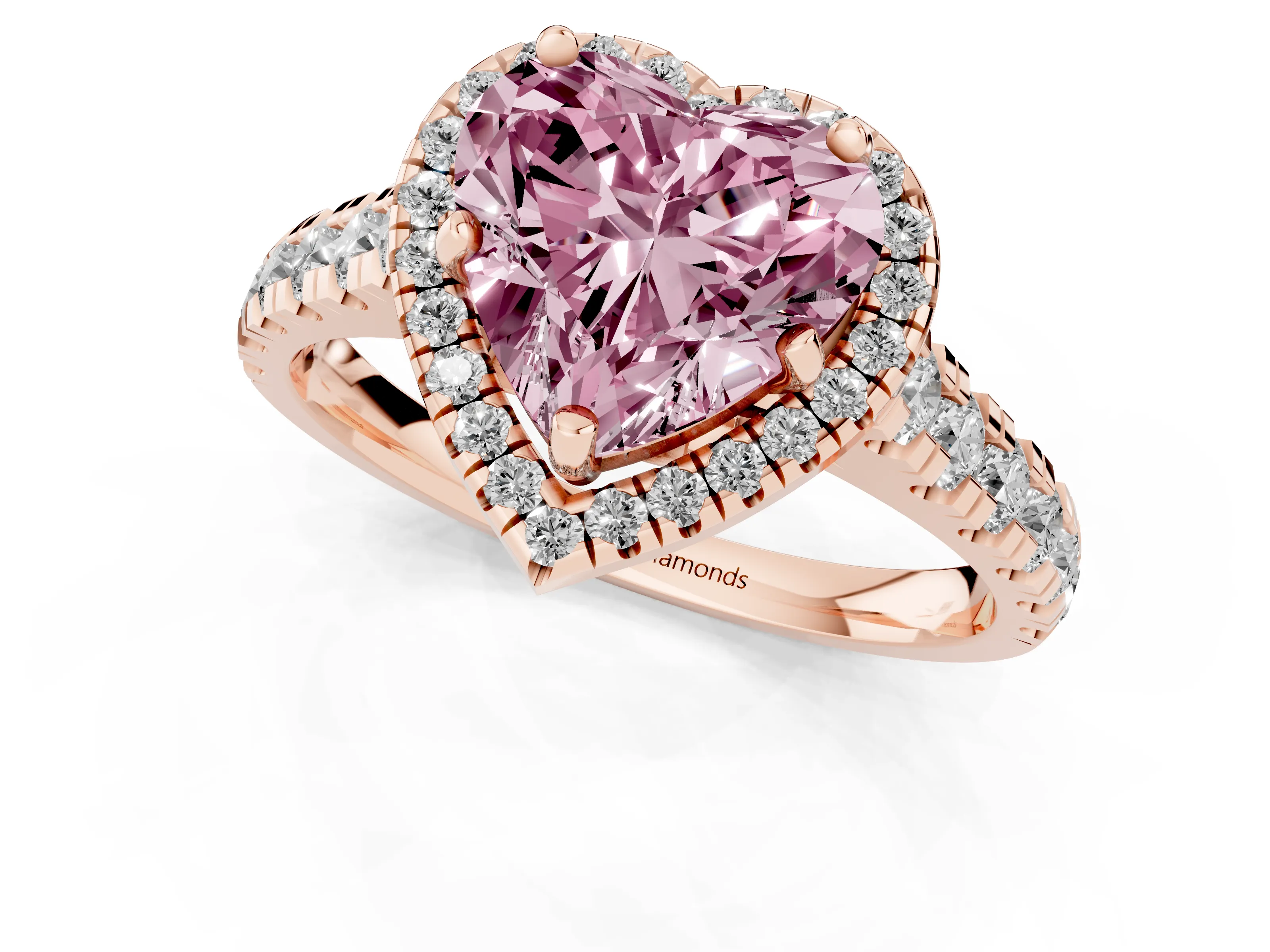 Fancy Pink Heart Cut Diamond Halo Engagement Ring Set in Rose gold with Pavé Band and Prong-Set Center