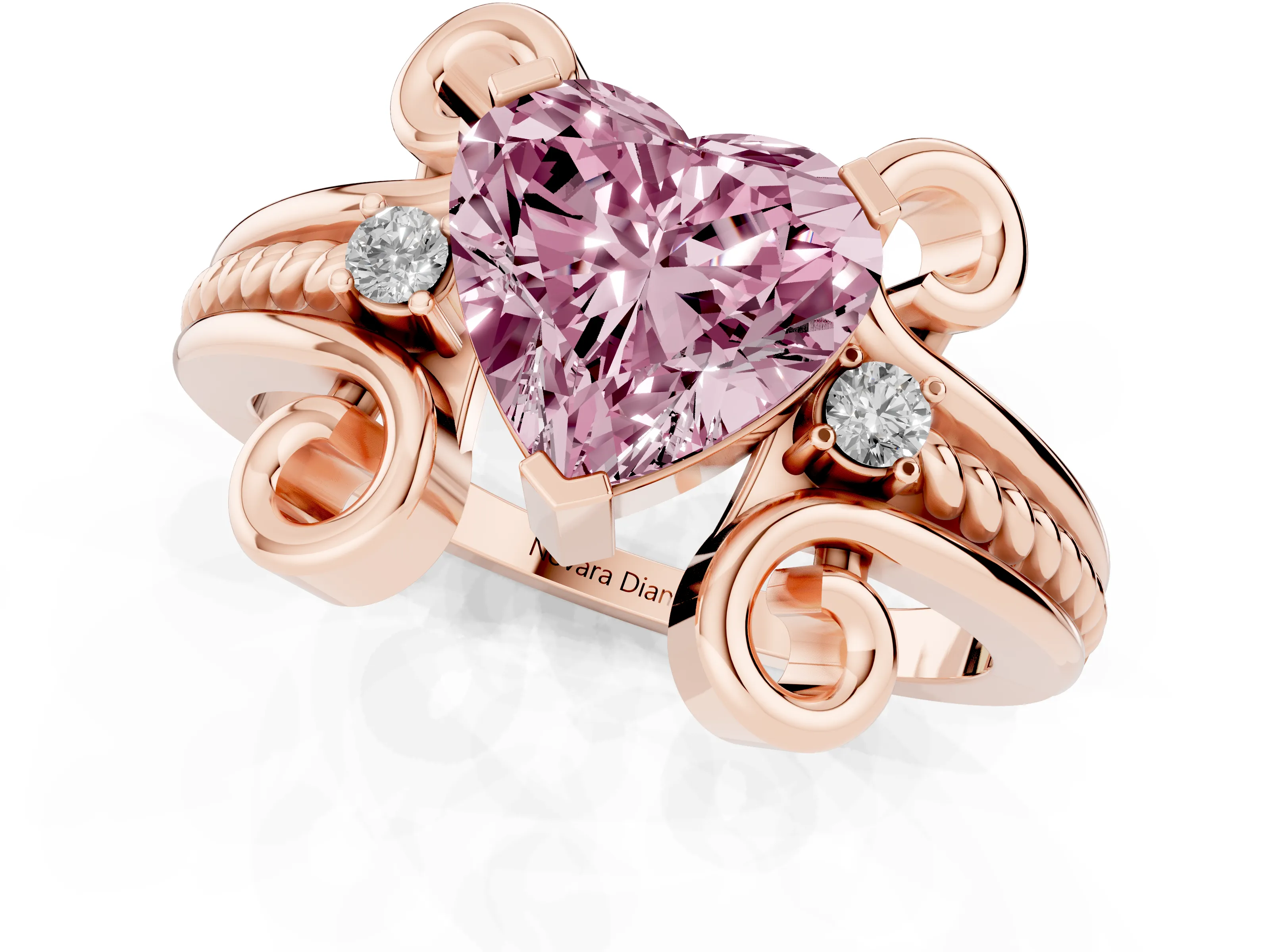 Fancy Pink Heart Cut Diamond Twisted Band Solitaire Ring Set in Rose gold with Scroll Prongs