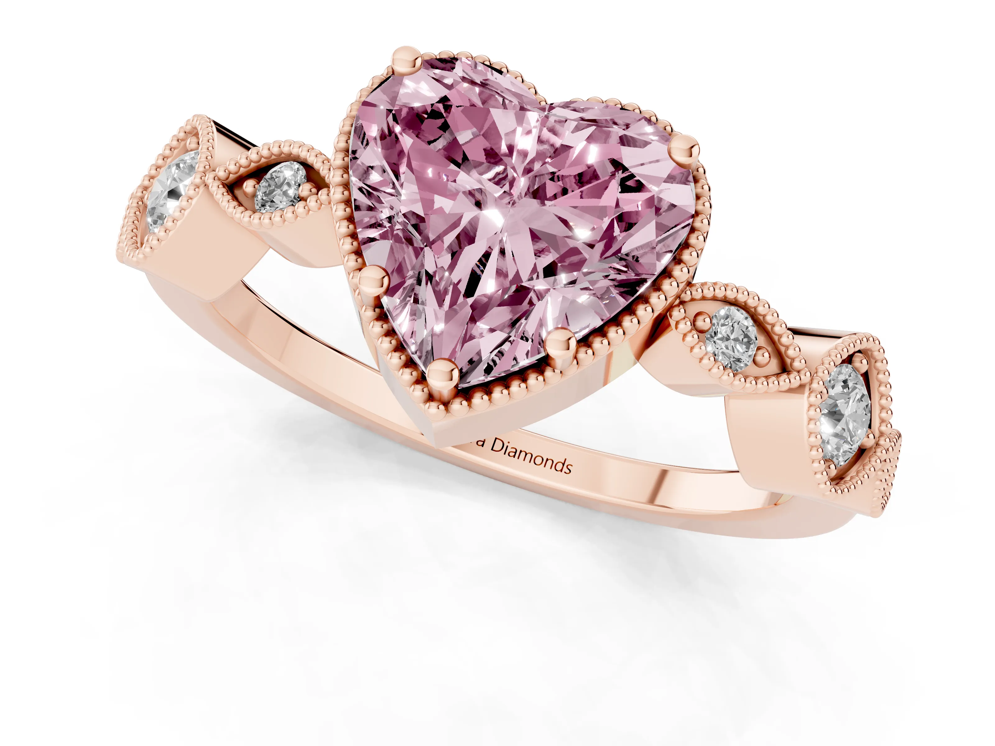Fancy Pink Heart Cut Diamond Vintage-Inspired Milgrain Ring Set in Rose gold with Marquise Stations of Round Accents
