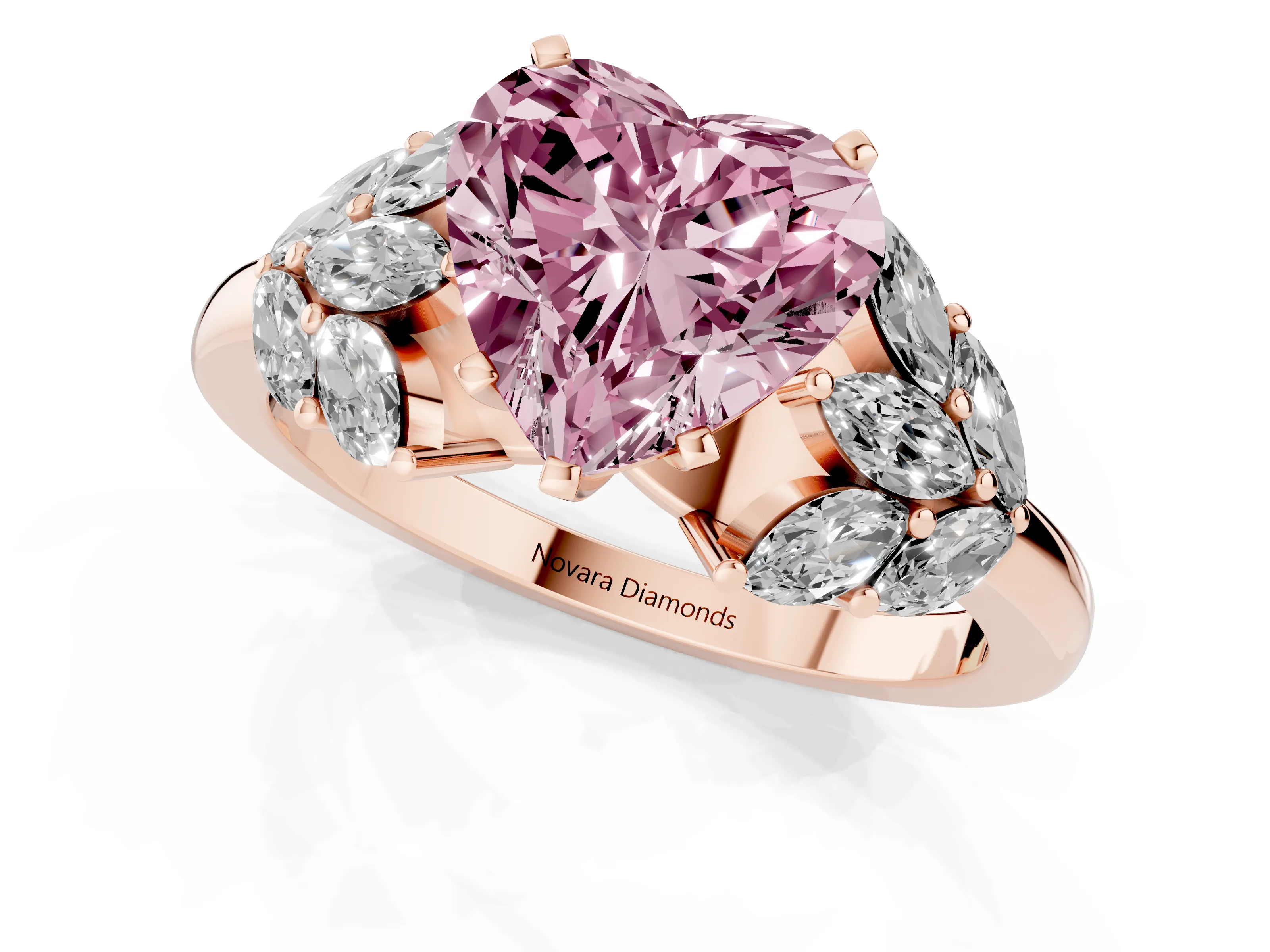 Fancy Pink Heart Cut Diamond Cluster Leaf Design Ring Set in Rose gold with Prong Setting