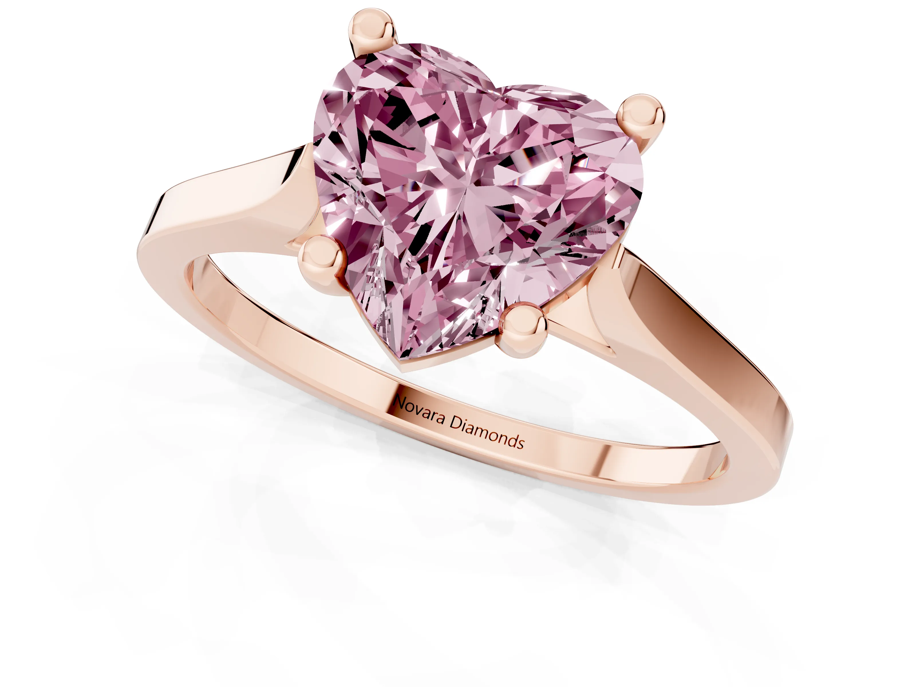 Fancy Pink Heart Cut Diamond Solitaire Ring Set in Rose gold with Prong Setting and Tapered Band
