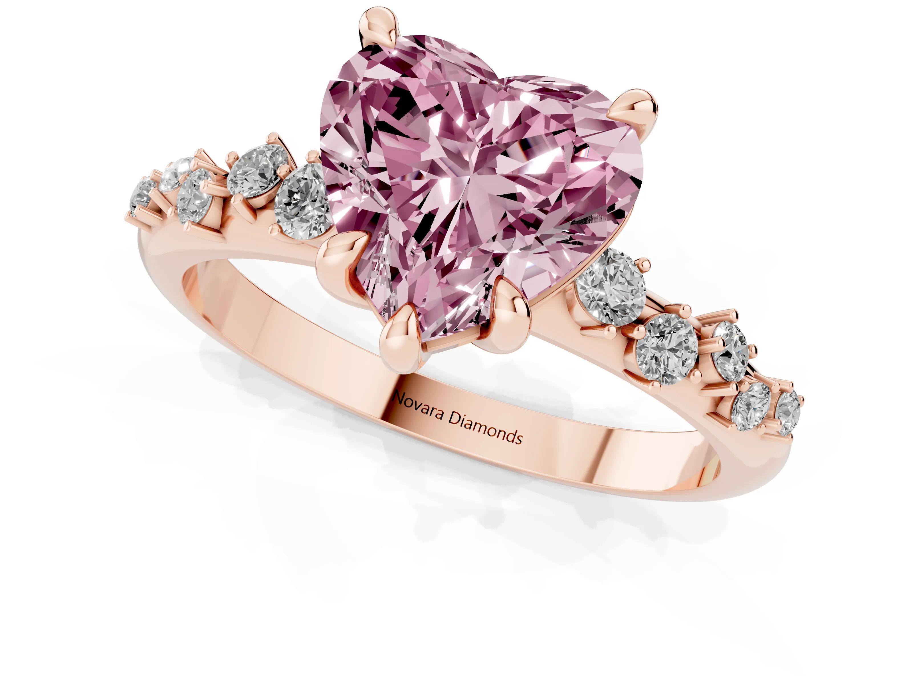 Fancy Pink Heart Cut Diamond Solitaire Vine Band Ring Set in Rose gold with Round Accents and Prong Setting – second view