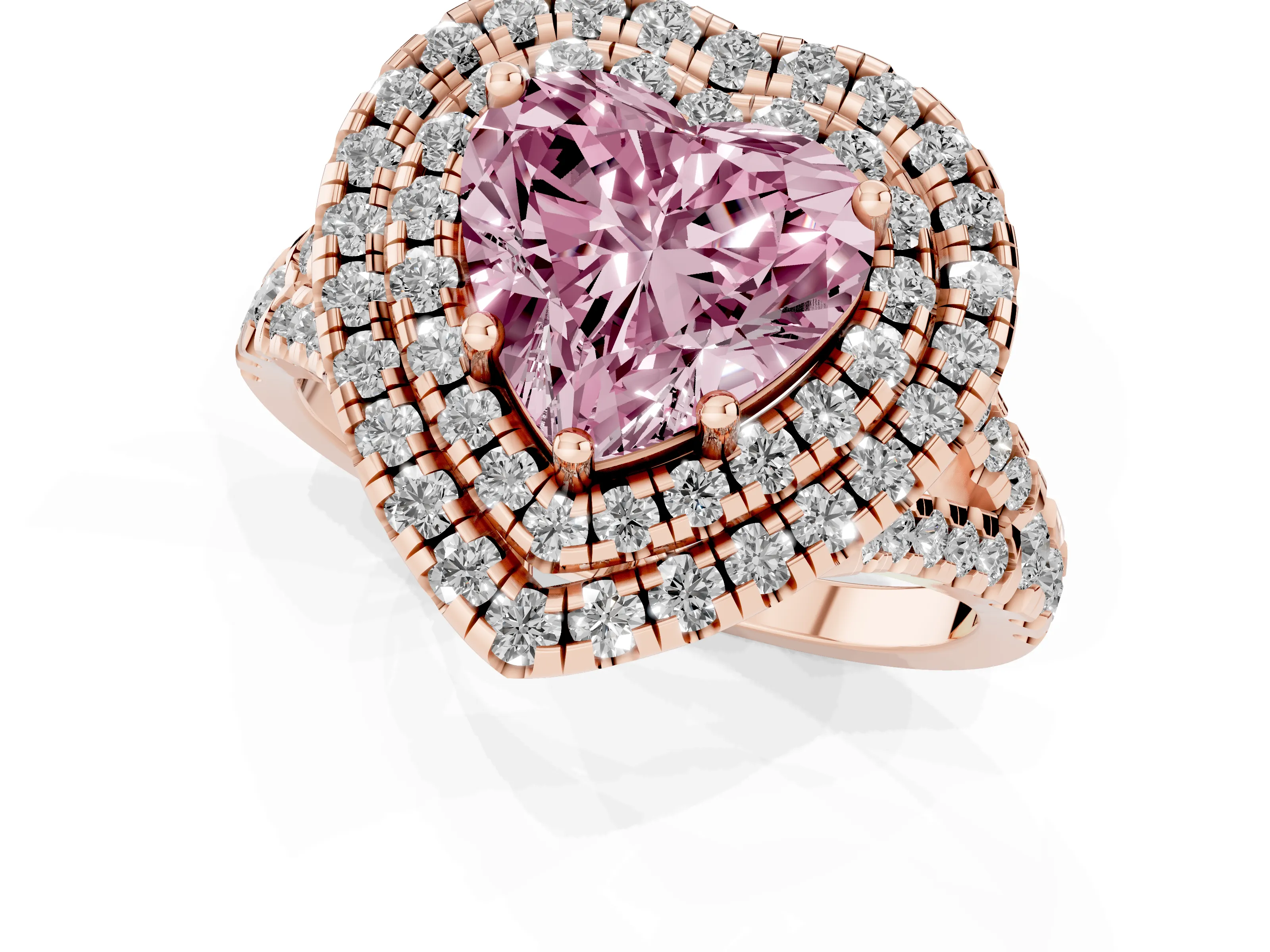 Fancy Pink Heart Cut Diamond Double Halo Ring Set in Rose gold with Pavé Split Shank and Prong Setting