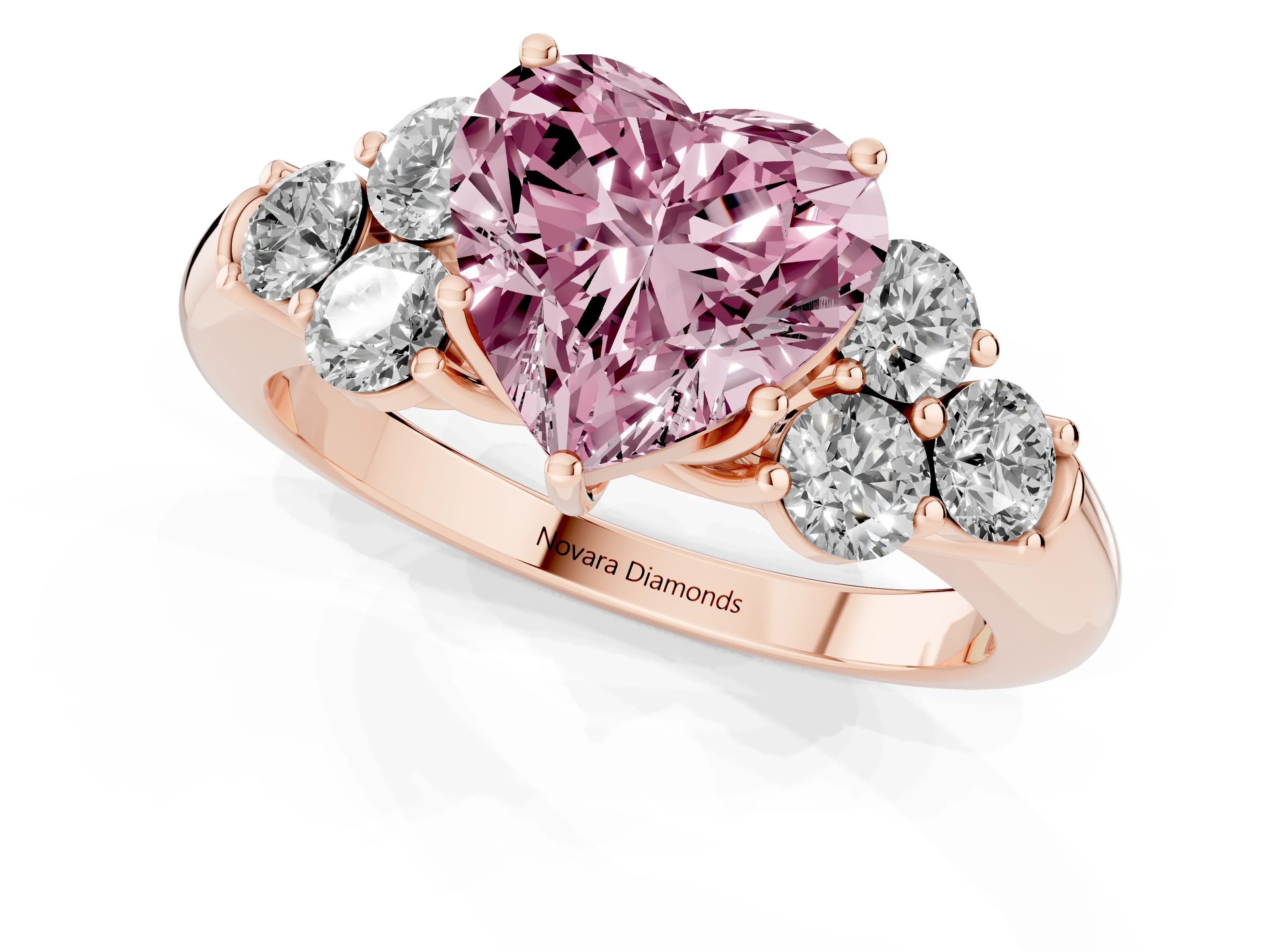 Fancy Pink Heart Cut Diamond Cluster Ring Set in Rose gold with Round Accent Stones and Prong Setting on a Plain Band