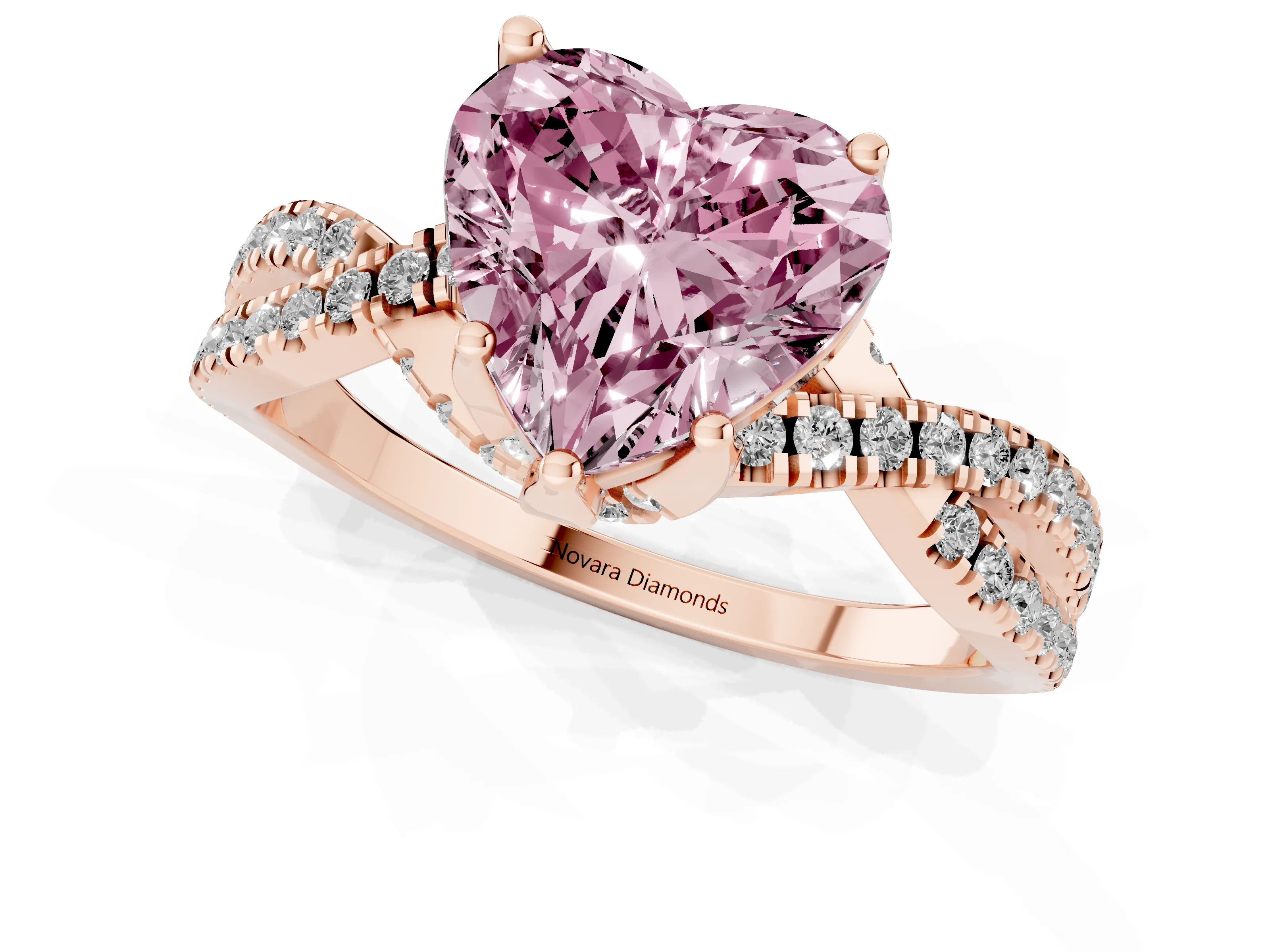 Fancy Pink Heart Cut Diamond Twist Pavé Solitaire Engagement Ring Set in Rose gold with Prong Setting