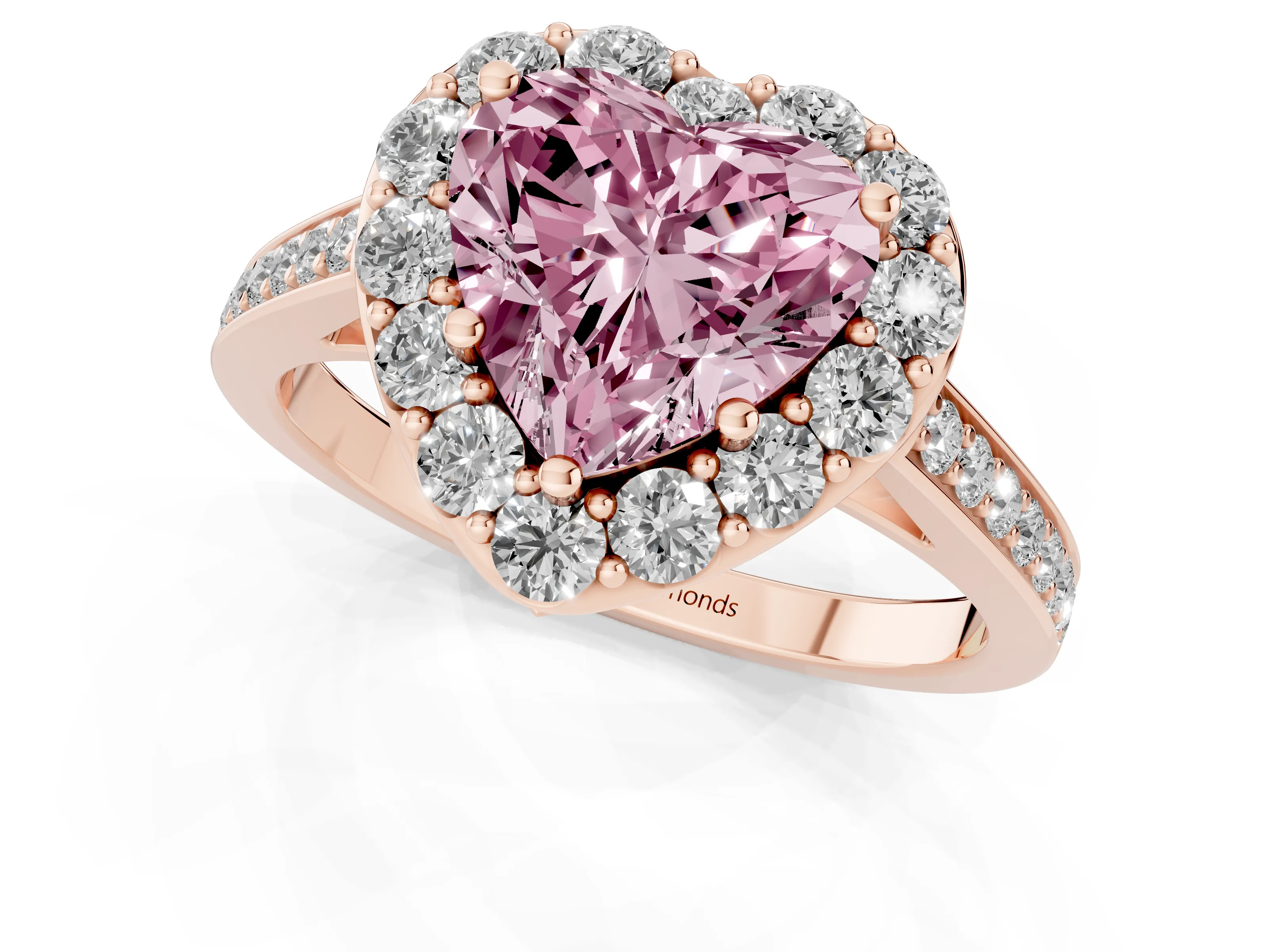 Fancy Pink Heart Cut Diamond Floral Halo Ring Set in Rose gold with Pavé Band and Prong Setting