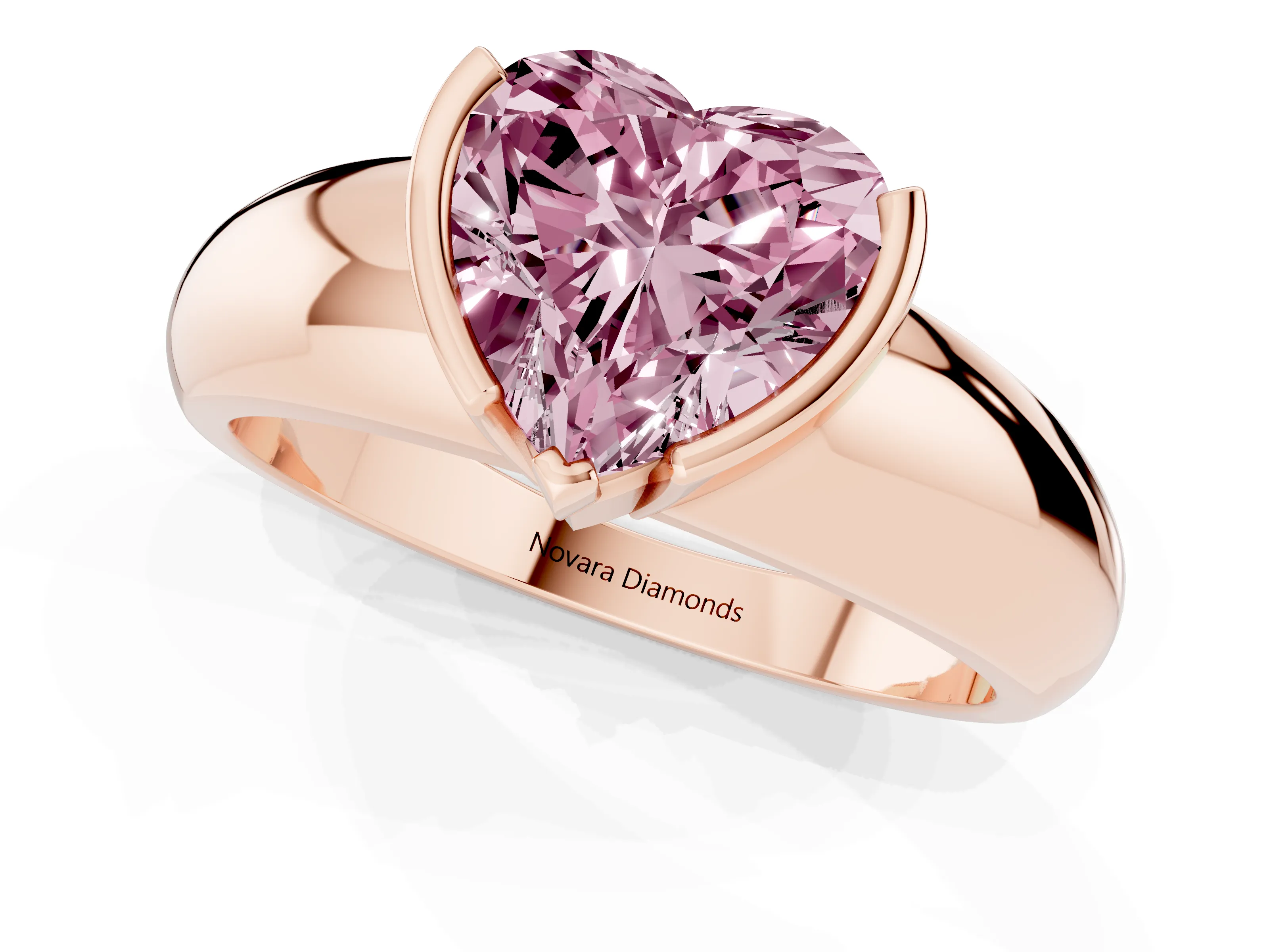 Fancy Pink Heart Cut Diamond Solitaire Tension Set Ring Set in Rose gold with Wide Band