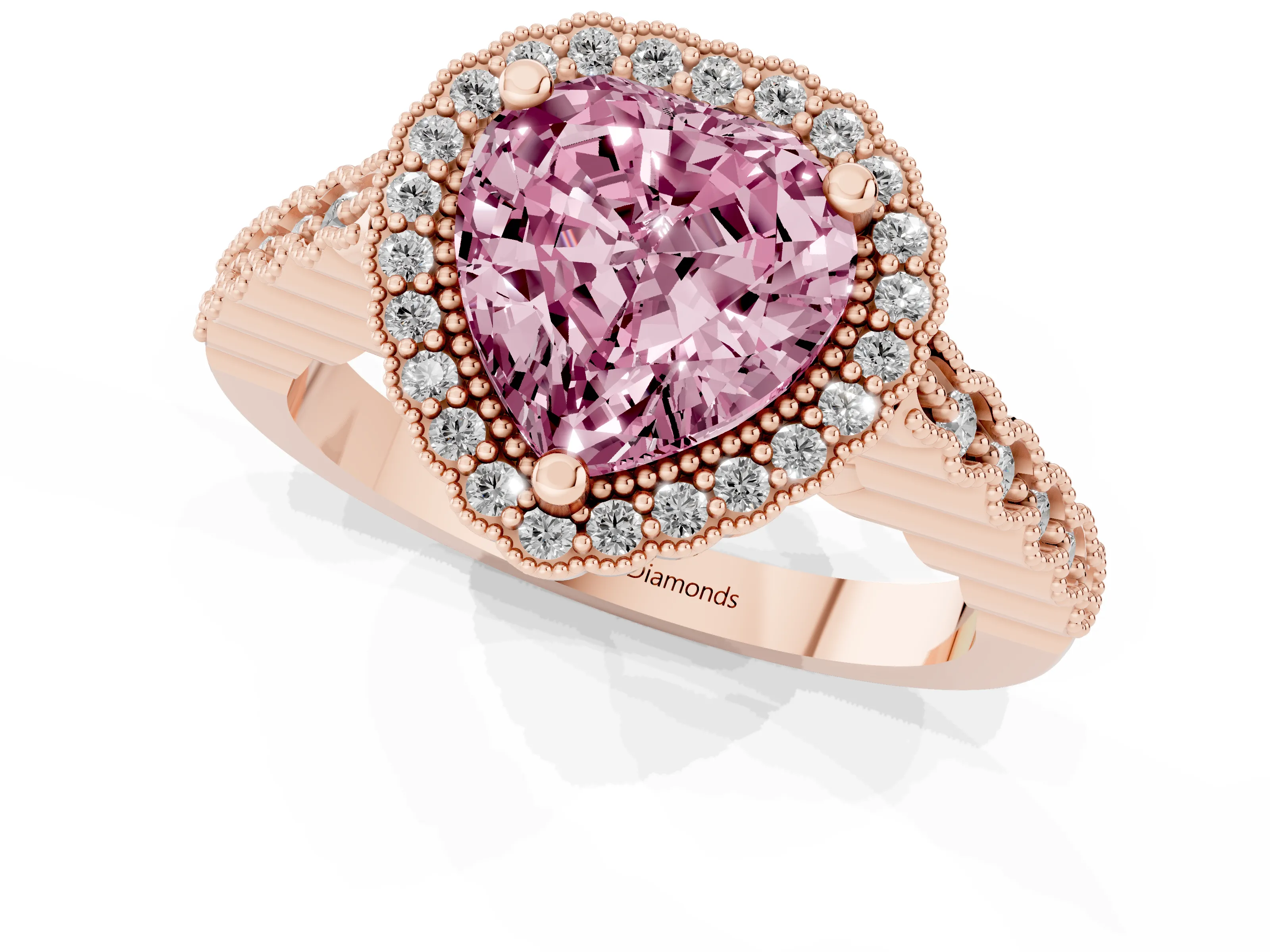 Fancy Pink Heart Cut Diamond Halo Ring Set in Rose gold with Pavé Milgrain Band