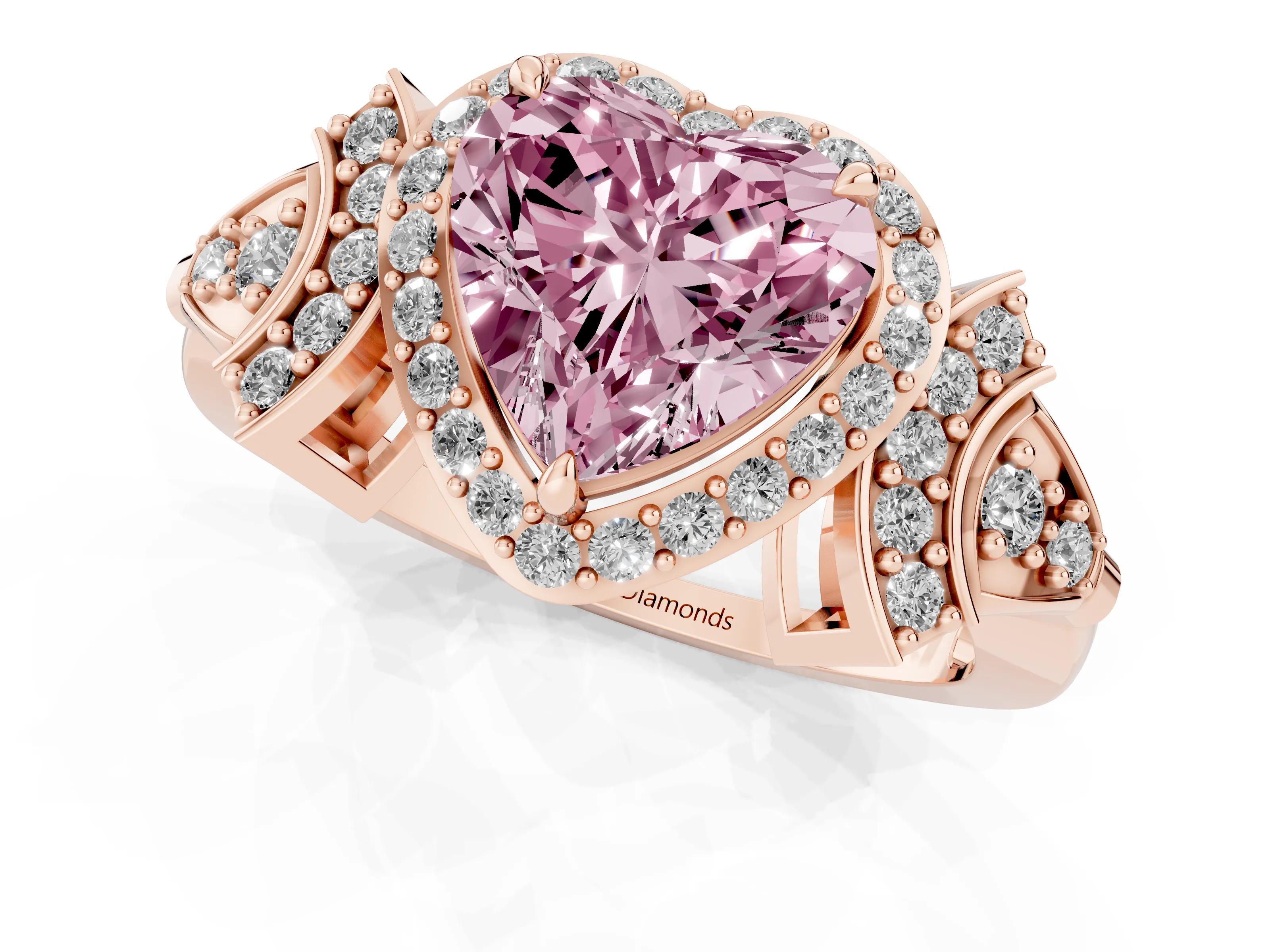 Fancy Pink Heart Cut Diamond Halo Engagement Ring Set in Rose gold with Accent Stone Split Shank