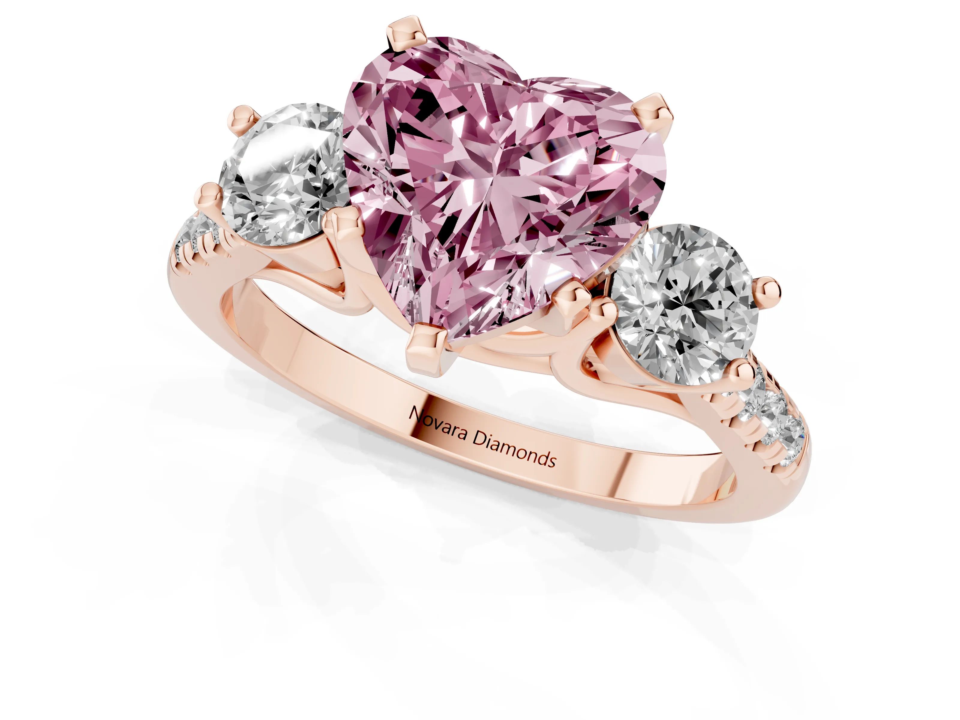 Fancy Pink Three-Stone Heart Cut Diamond Pavé Band Ring Set in Rose gold with Prong-Set Trio