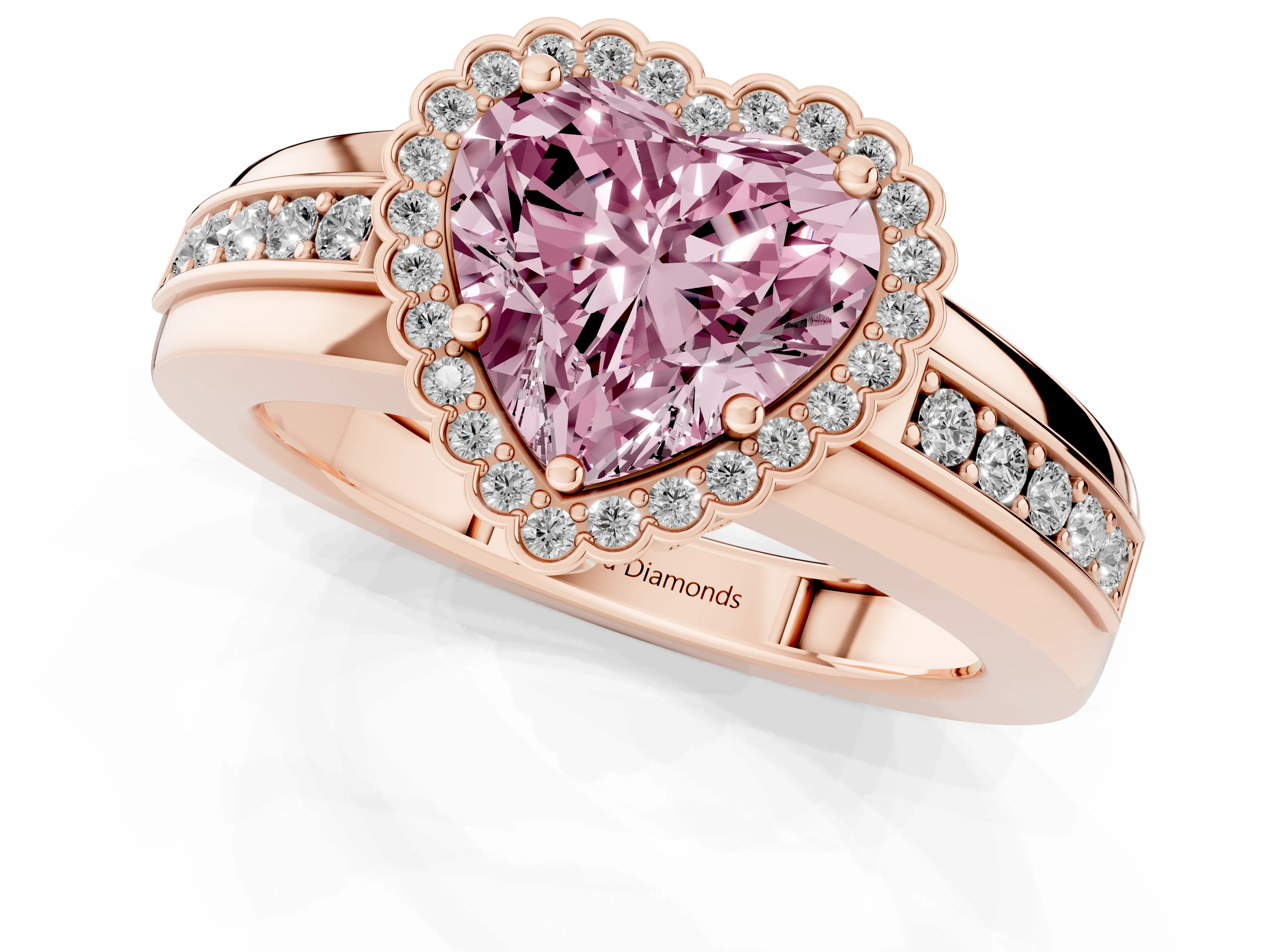 Fancy Pink Heart Cut Diamond Halo Prong Ring Set in Rose gold with Pavé Band
