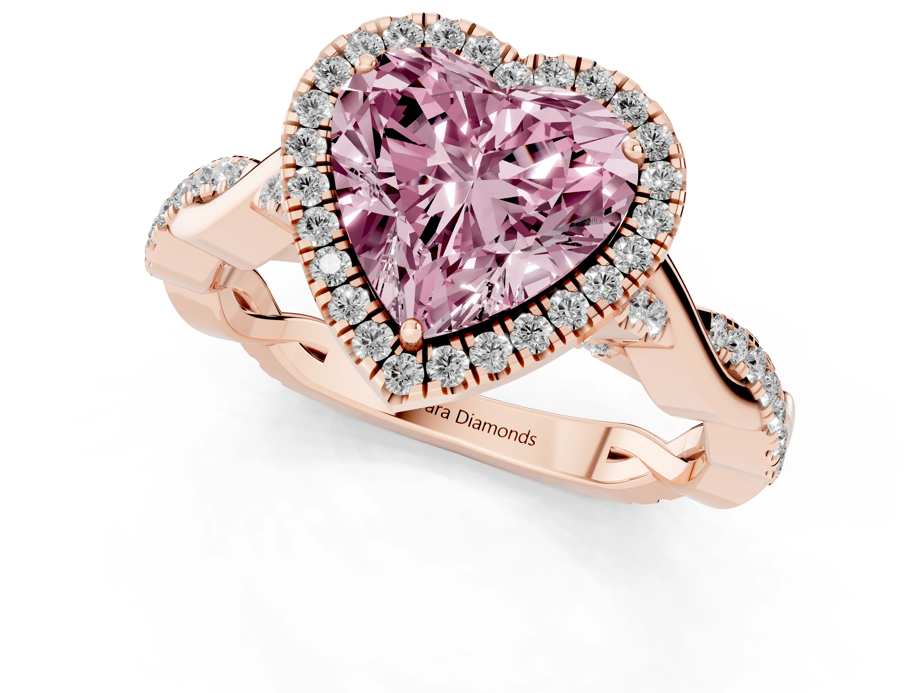 Fancy Pink Heart Cut Diamond Halo Twist Band Solitaire Ring Set in Rose gold with Prong Setting
